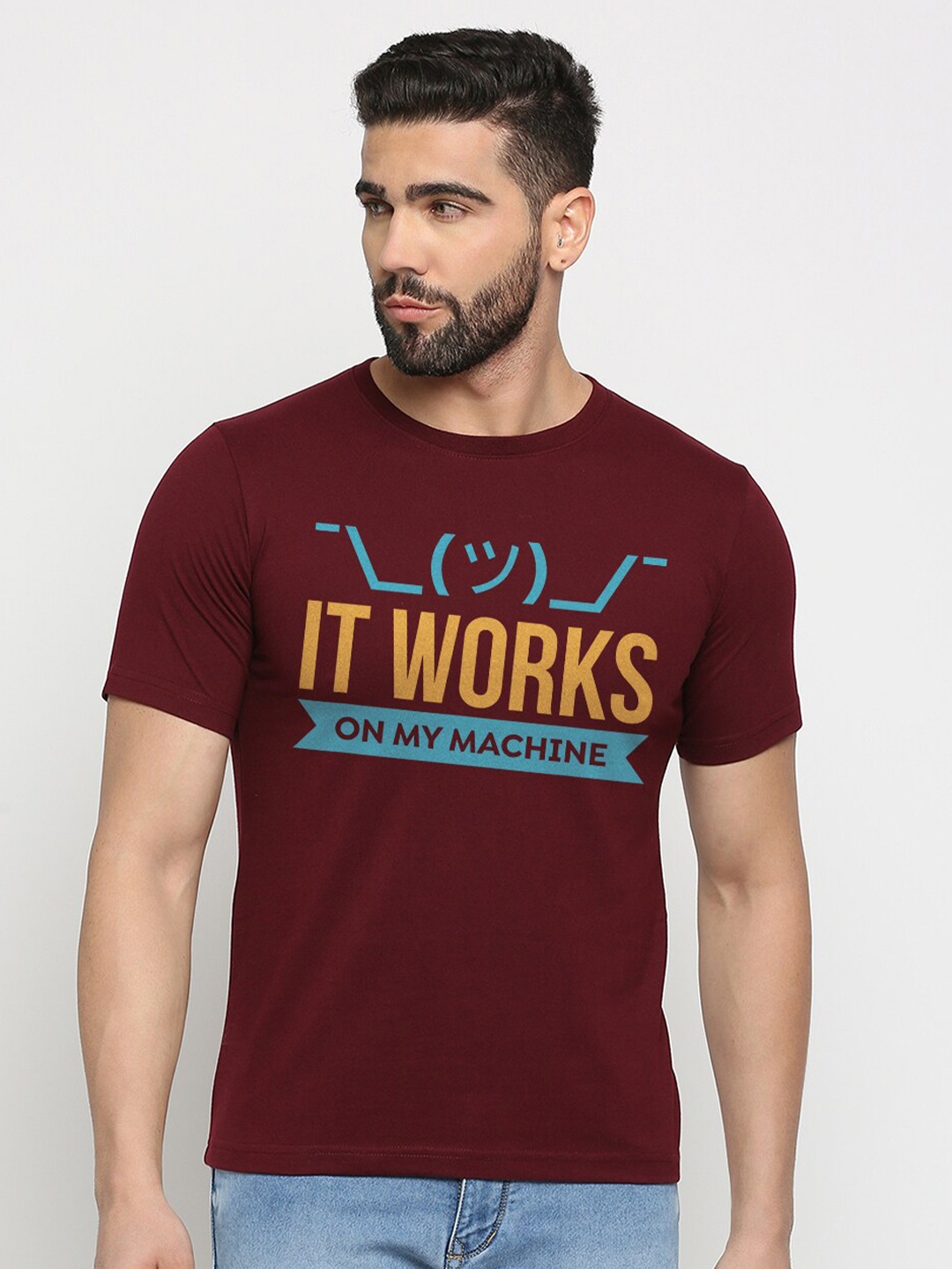 

MOD ECRU Typography Printed Round Neck Short Sleeves Cotton T-shirt, Maroon
