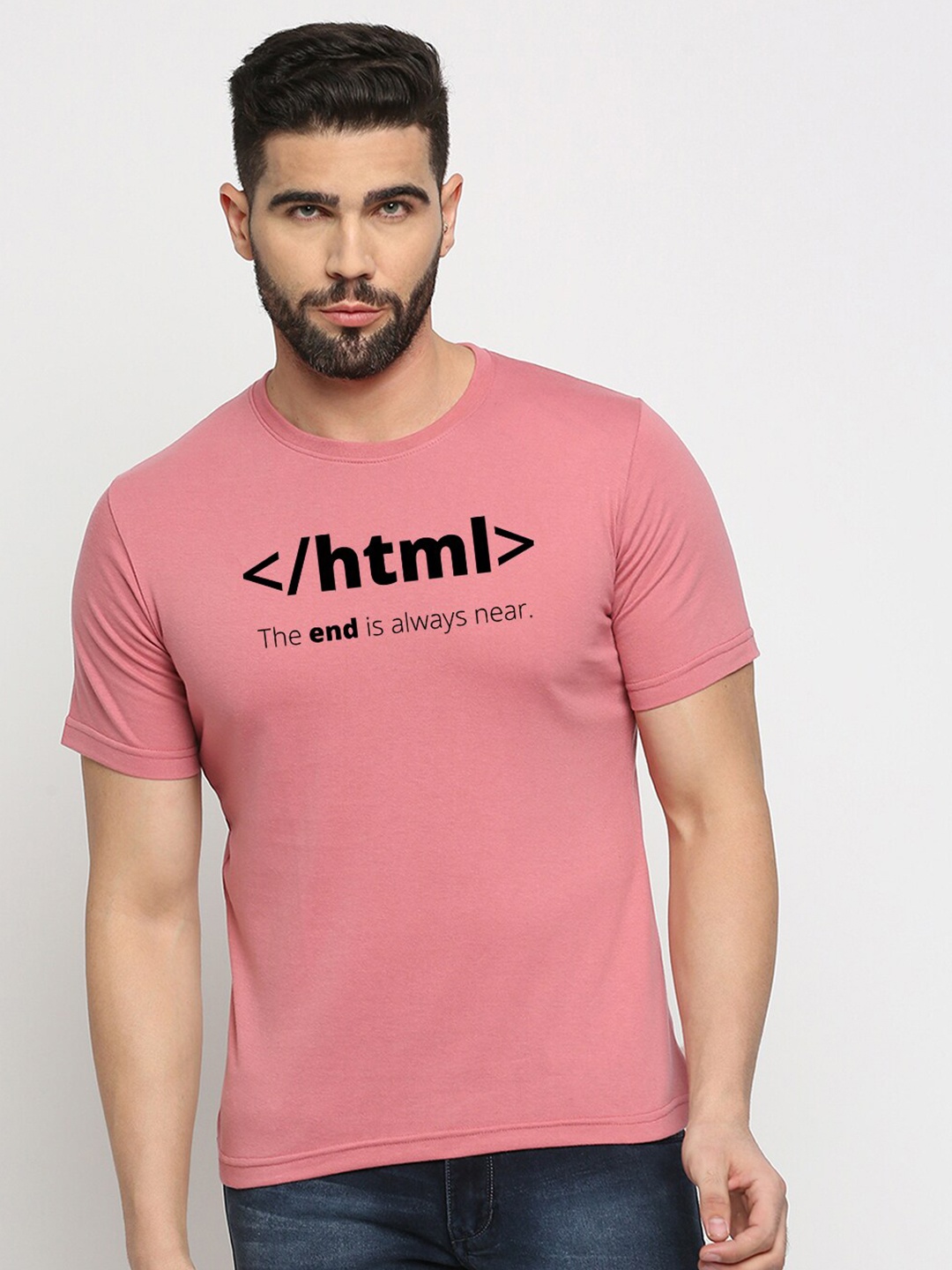 

MOD ECRU Typography Printed Round Neck Cotton T-shirt, Pink