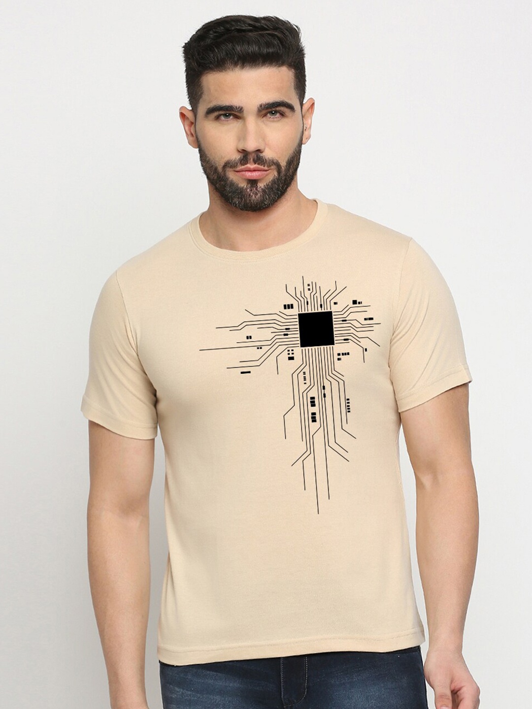 

MOD ECRU Graphic Printed Round Neck Short Sleeves Cotton T-shirts, Cream