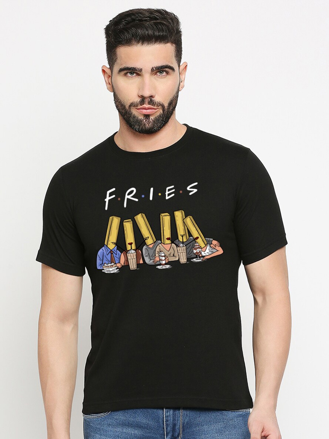 

MOD ECRU Printed Round Neck Short Sleeves Cotton T-shirt, Black