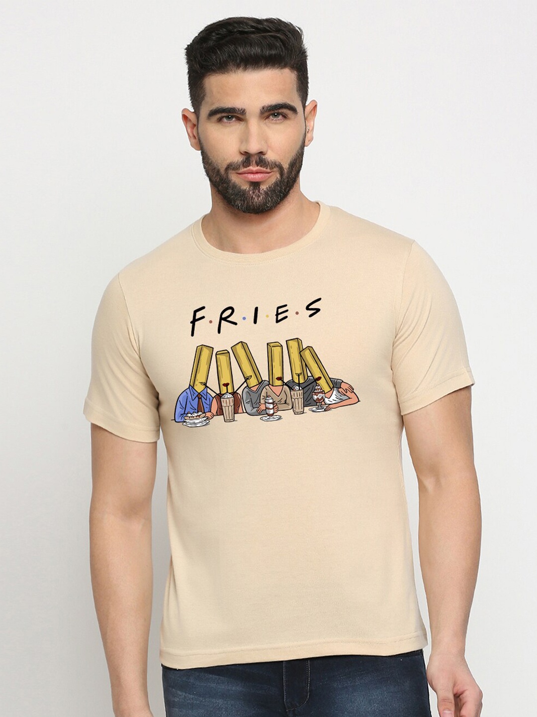 

MOD ECRU Typography Printed Round Neck Short Sleeves Cotton T-shirts, Cream