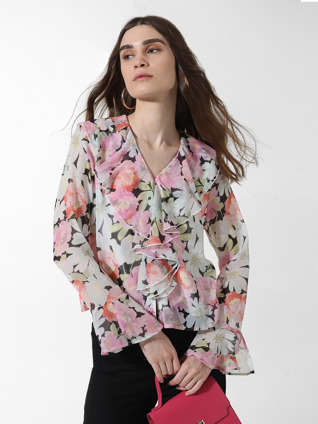 

ONLY ONLPROMISE LS Floral Printed Bell Sleeve Top, White
