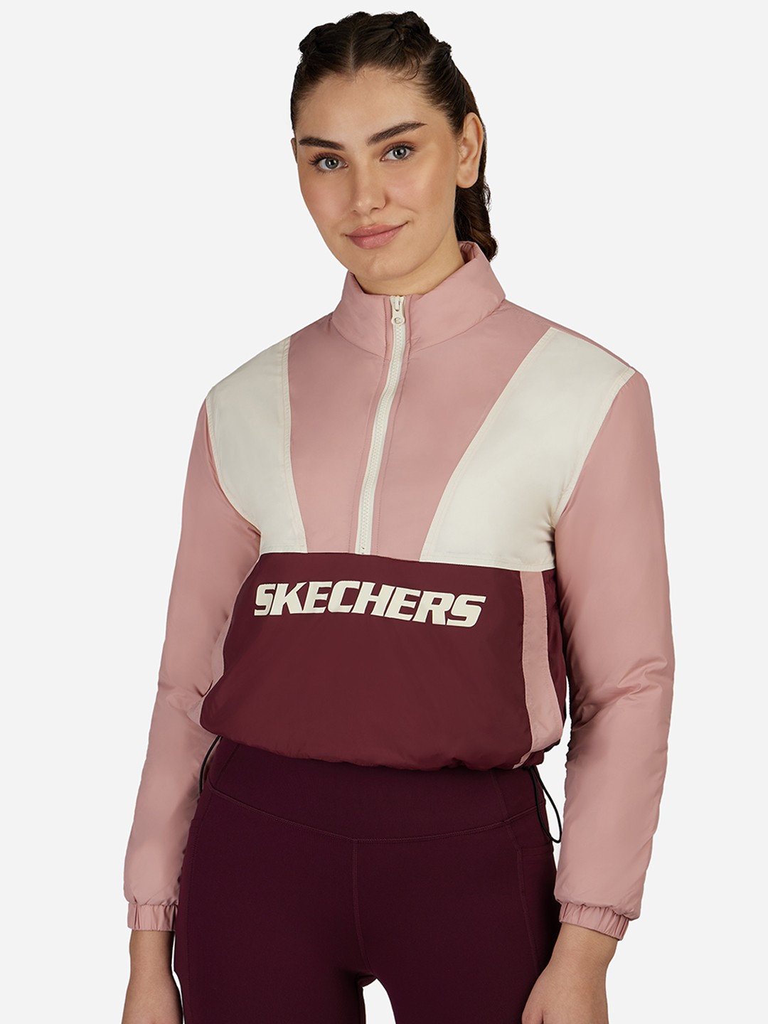 

Skechers Colorblocked Mock Collar Puffer Jacket, Burgundy