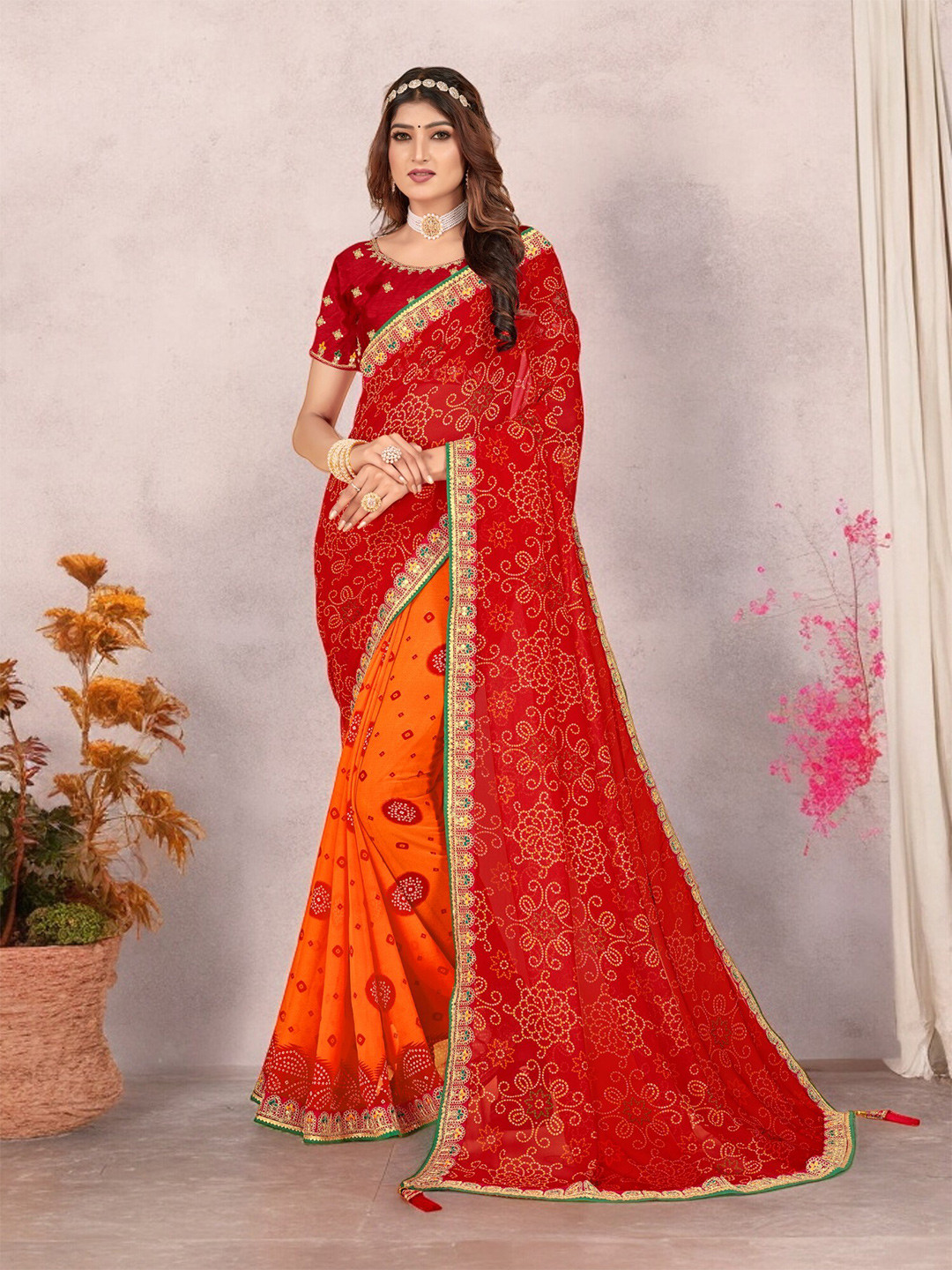

The Textile Hub Bandhani Sequinned Pure Georgette Half & Half Bandhani Saree, Red
