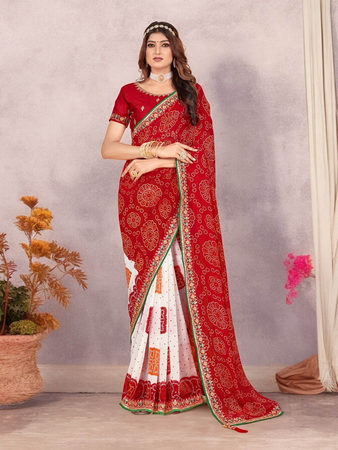 

The Textile Hub Bandhani Sequinned Pure Georgette Half & Half Bandhani Saree, Red
