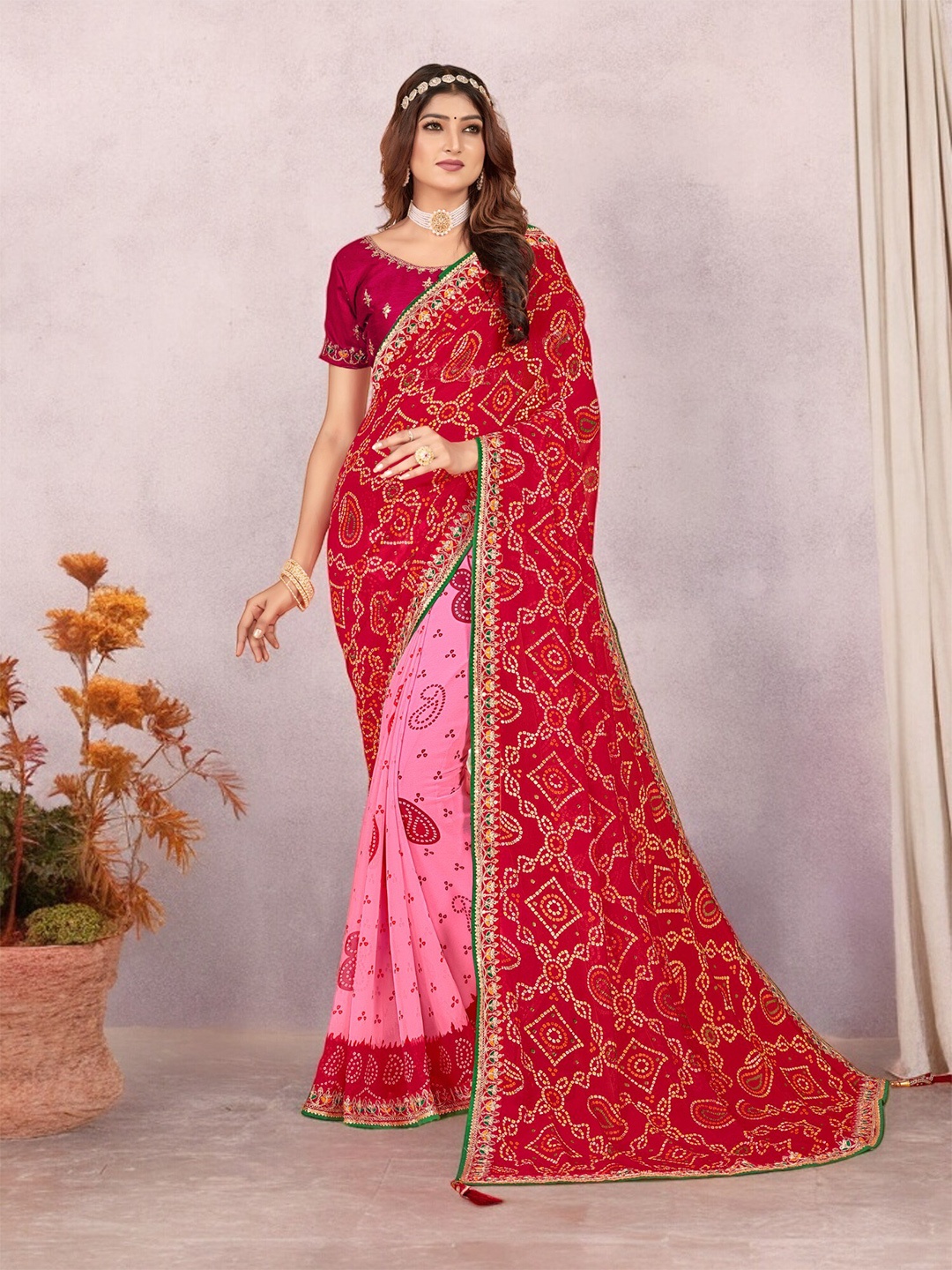 

The Textile Hub Bandhani Sequinned Pure Georgette Half & Half Bandhani Saree, Red