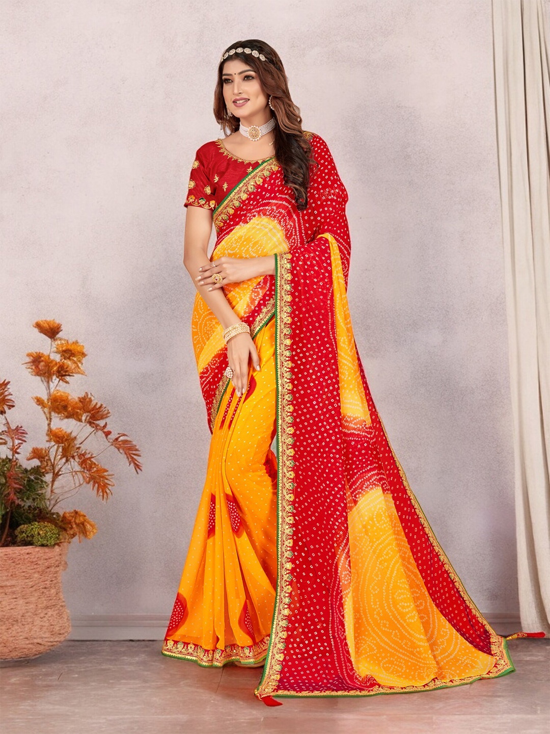 

The Textile Hub Bandhani Sequinned Pure Georgette Half and Half Bandhani Saree, Red