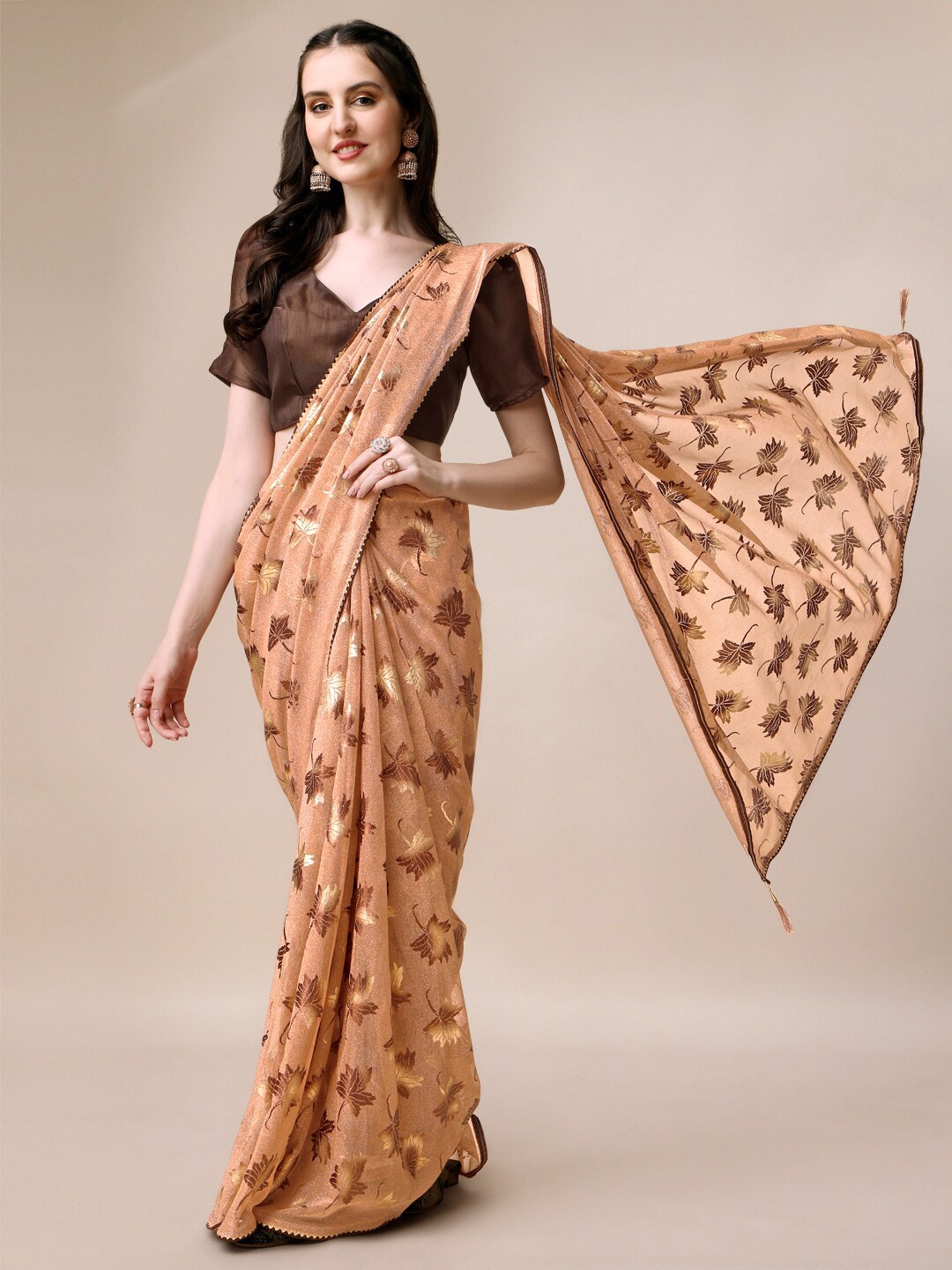 

HERE&NOW Embellished Pure Chiffon Saree, Peach