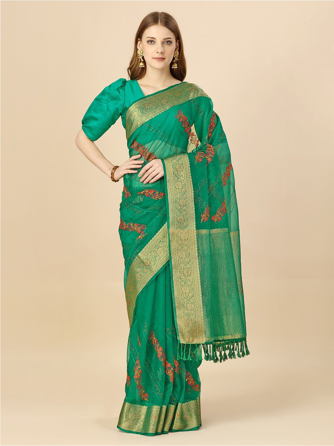 

HERE&NOW Floral Zari Organza Saree, Green