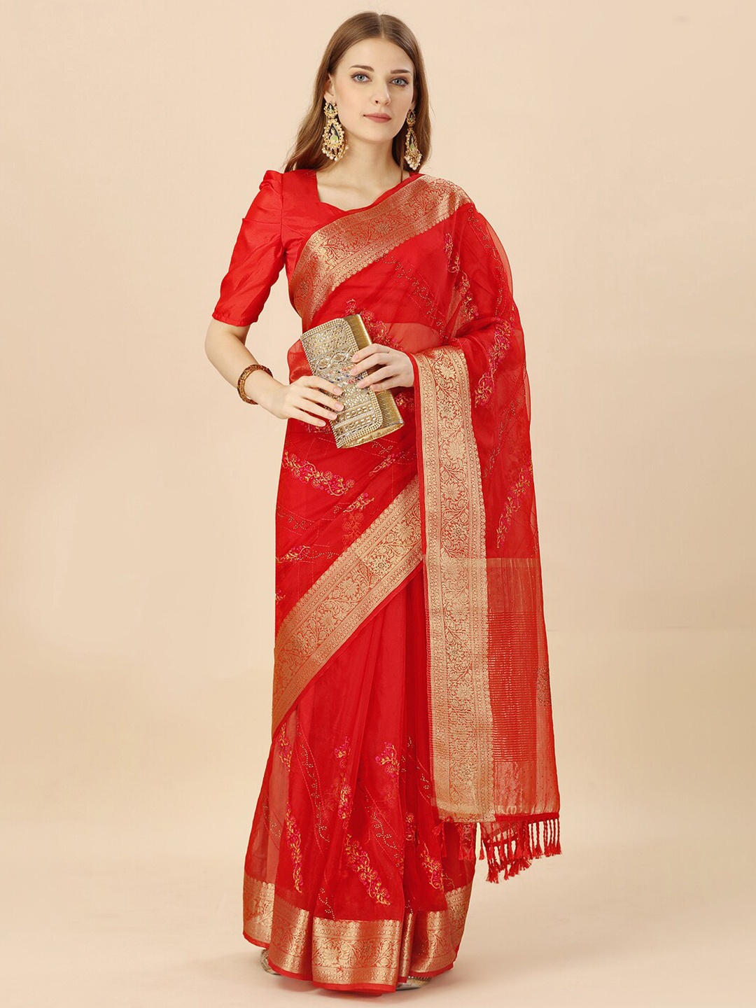 

HERE&NOW Floral Zari Organza Saree, Red