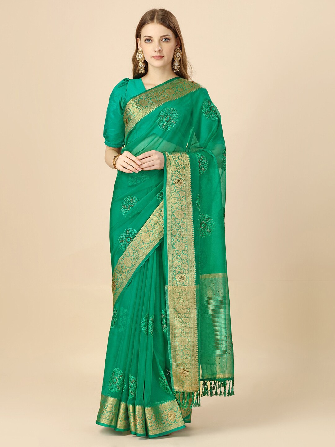 

HERE&NOW Floral Zari Organza Saree, Green