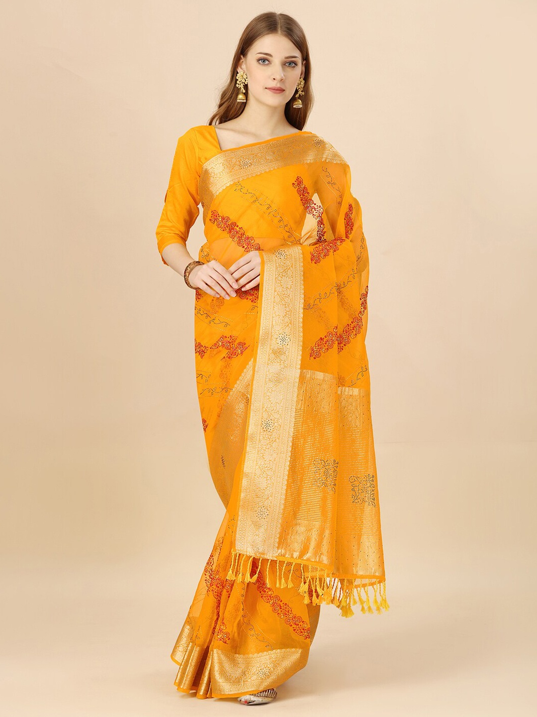

HERE&NOW Floral Zari Organza Saree, Yellow
