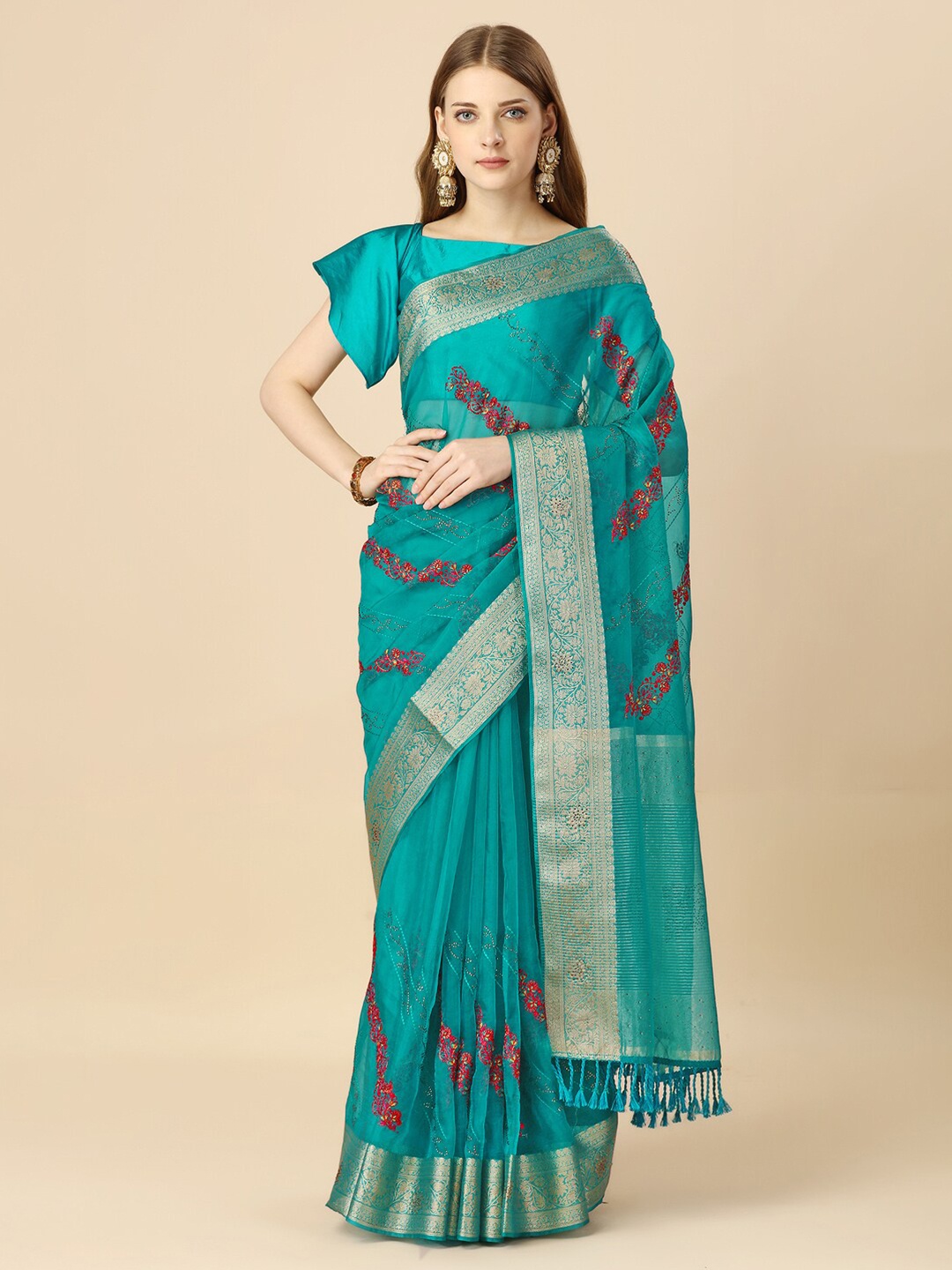 

HERE&NOW Floral Zari Organza Saree, Teal