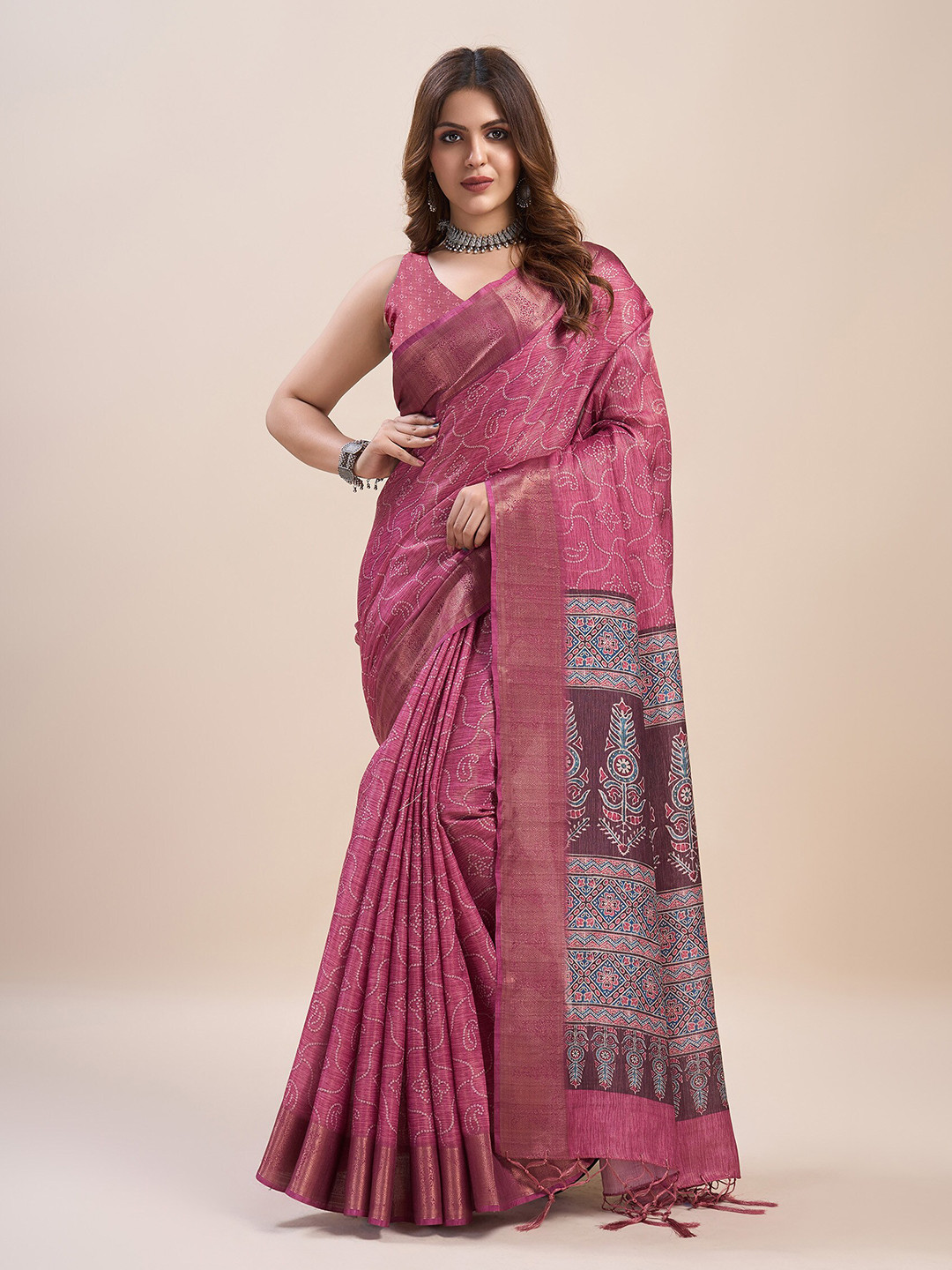 

Mitera Bandhani Printed Zari Pure Silk Saree, Pink