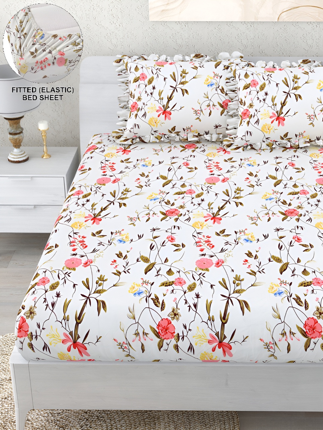 

DREAM WEAVERZ White & Pink Floral 260 TC Fitted Bedsheet with 2 Frill Pillow Covers