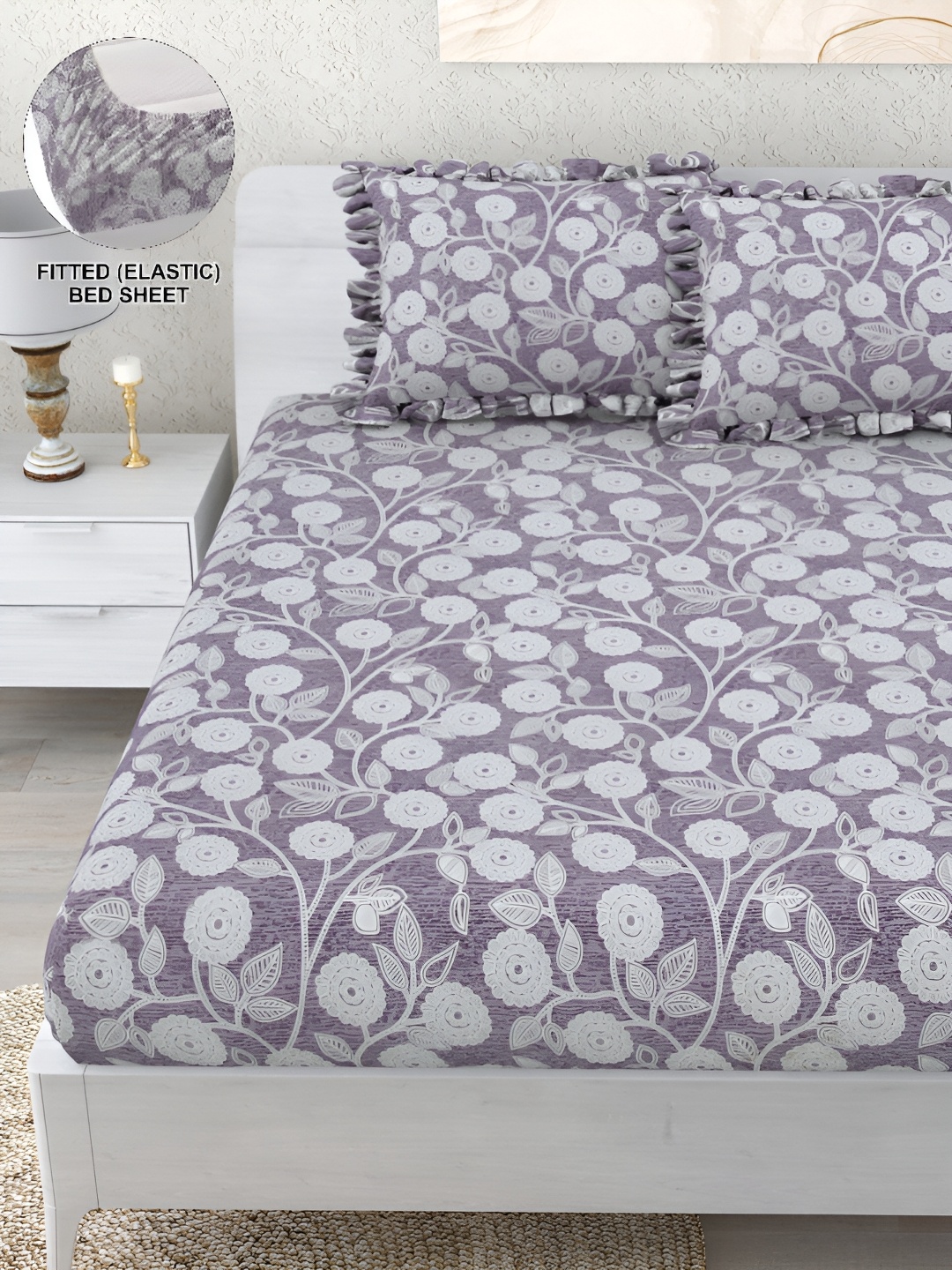 

DREAM WEAVERZ Grey Floral 260 TC Fitted Bedsheet with 2 Frill Pillow Covers