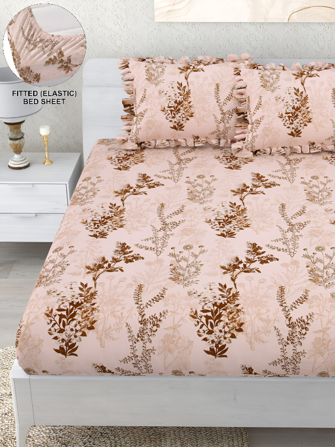 

DREAM WEAVERZ Pink Floral 260 TC Double King Fitted Bedsheet with 2 Frill Pillow Covers