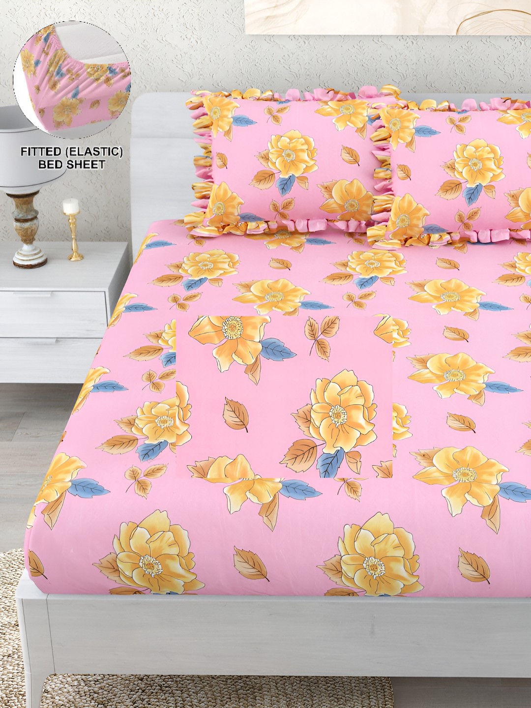 

DREAM WEAVERZ Pink & Yellow Floral 260 TC Fitted Bedsheet with 2 Frill Pillow Covers