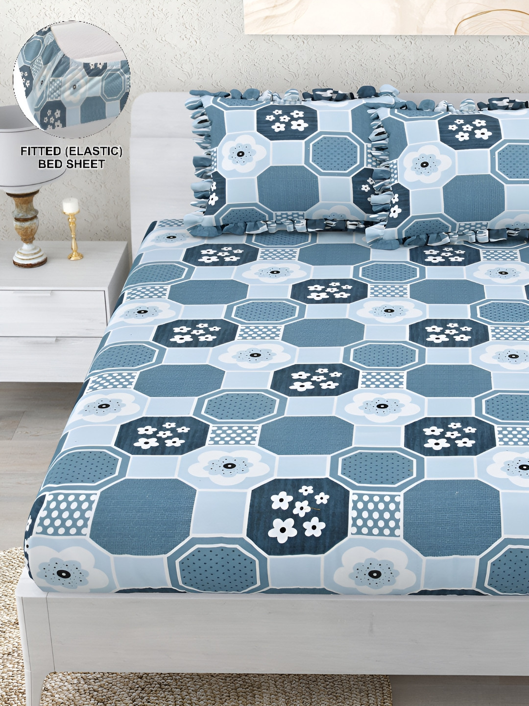 

DREAM WEAVERZ Blue & White Geometric 260 TC Fitted Bedsheet with 2 Frill Pillow Covers