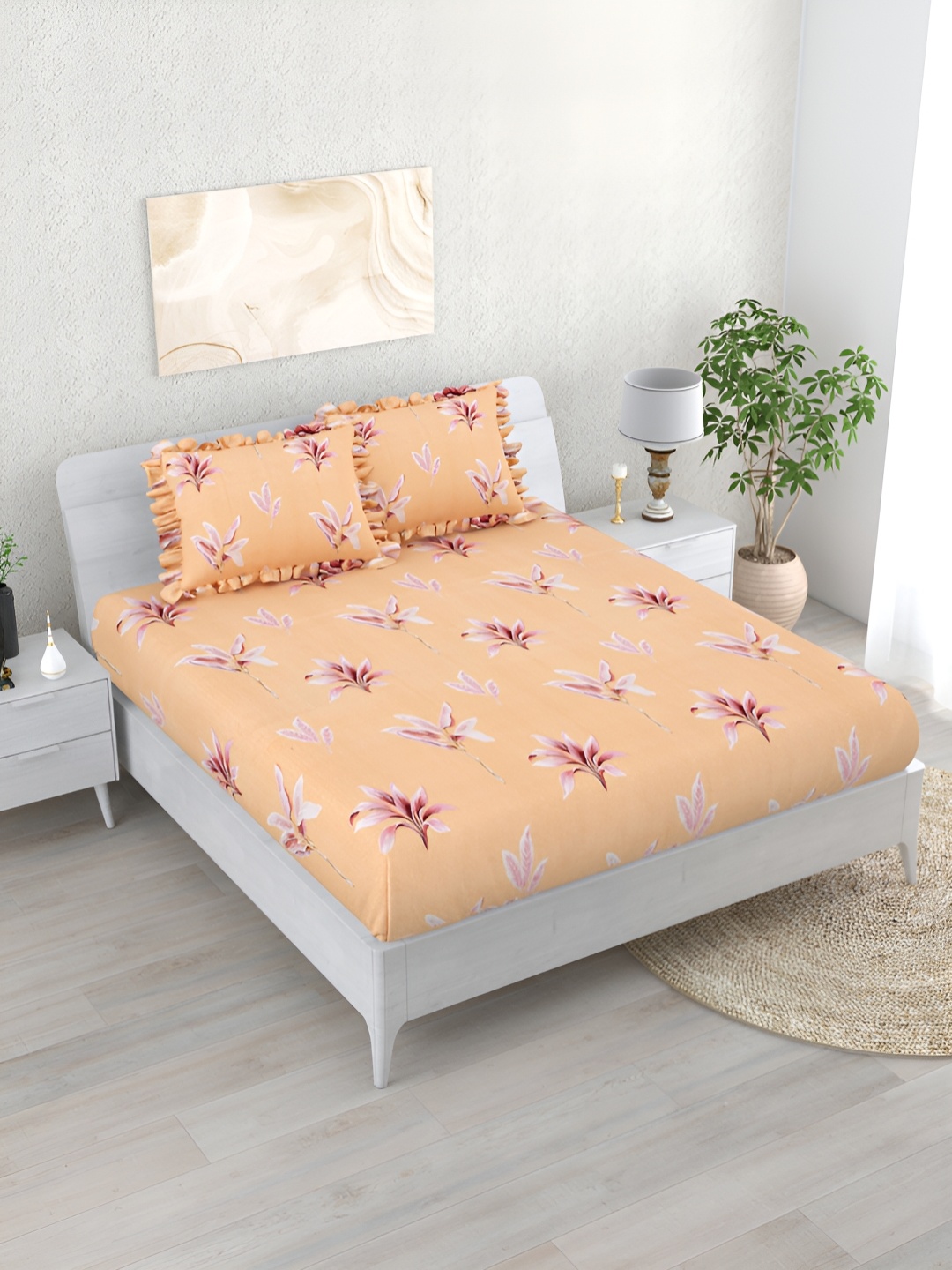 

DREAM WEAVERZ Orange & Pink 260 TC Double King Fitted Bedsheet with 2 Frill Pillow Covers