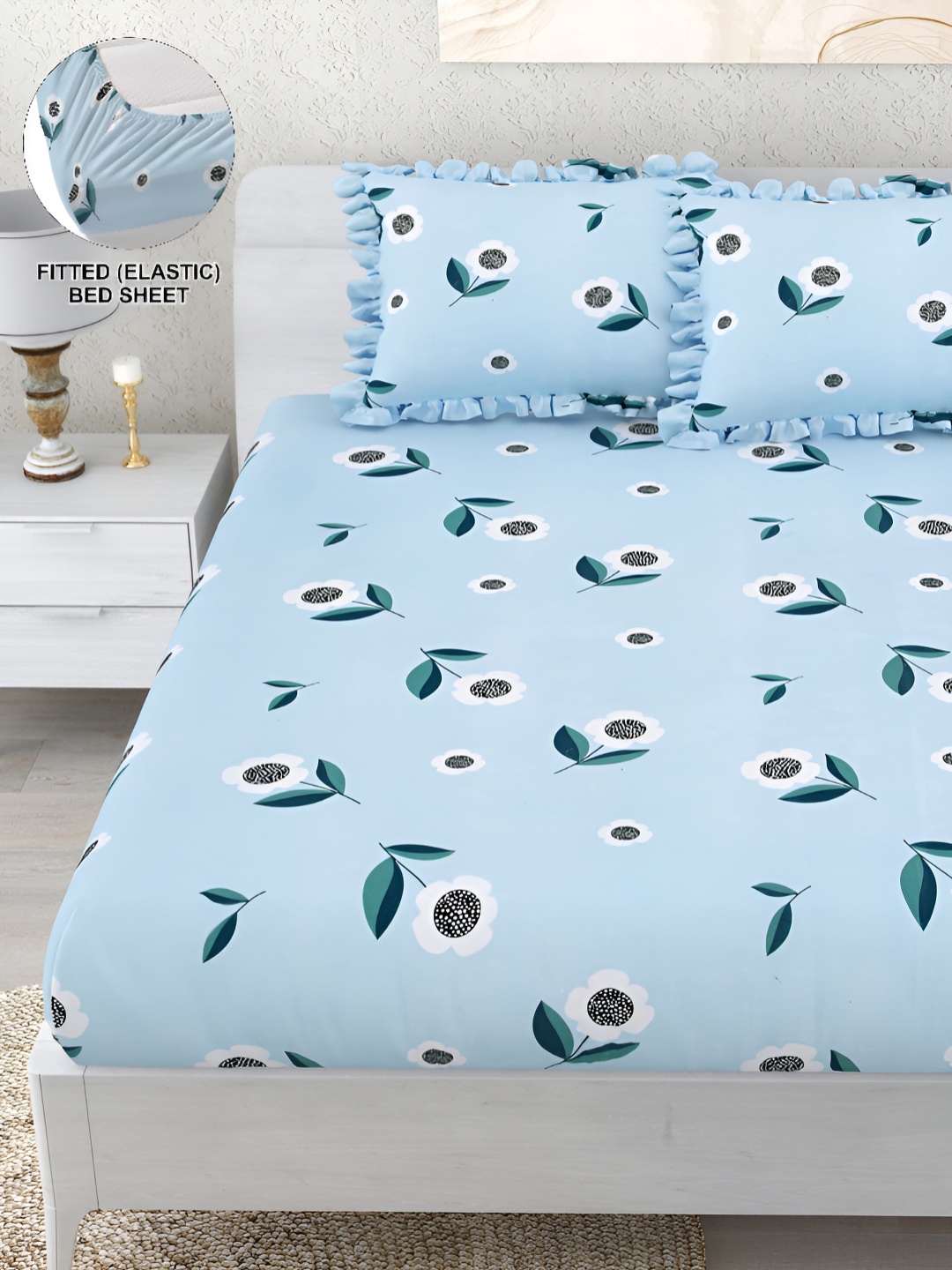 

DREAM WEAVERZ Blue & White Floral 260 TC Fitted Bedsheet with 2 Frill Pillow Covers