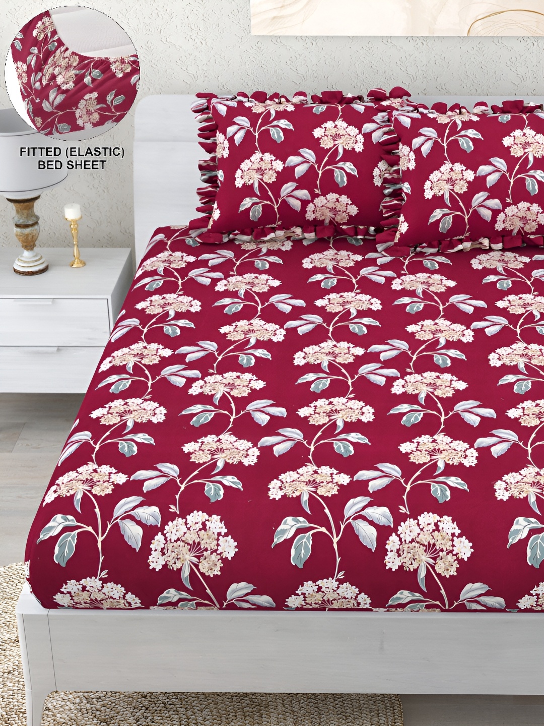 

DREAM WEAVERZ Red & Grey 260 TC Double King Fitted Bedsheet with 2 Frill Pillow Covers