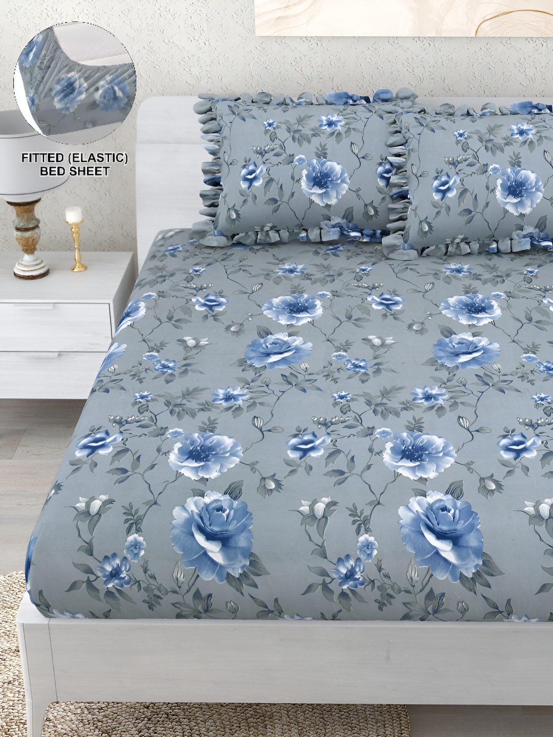 

DREAM WEAVERZ Grey & Blue Floral 260 TC Fitted Bedsheet with 2 Frill Pillow Covers