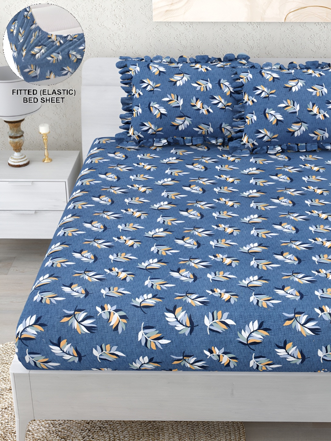

DREAM WEAVERZ Blue & White Floral 260 TC Fitted Double Bedsheet with 2 Frill Pillow Covers