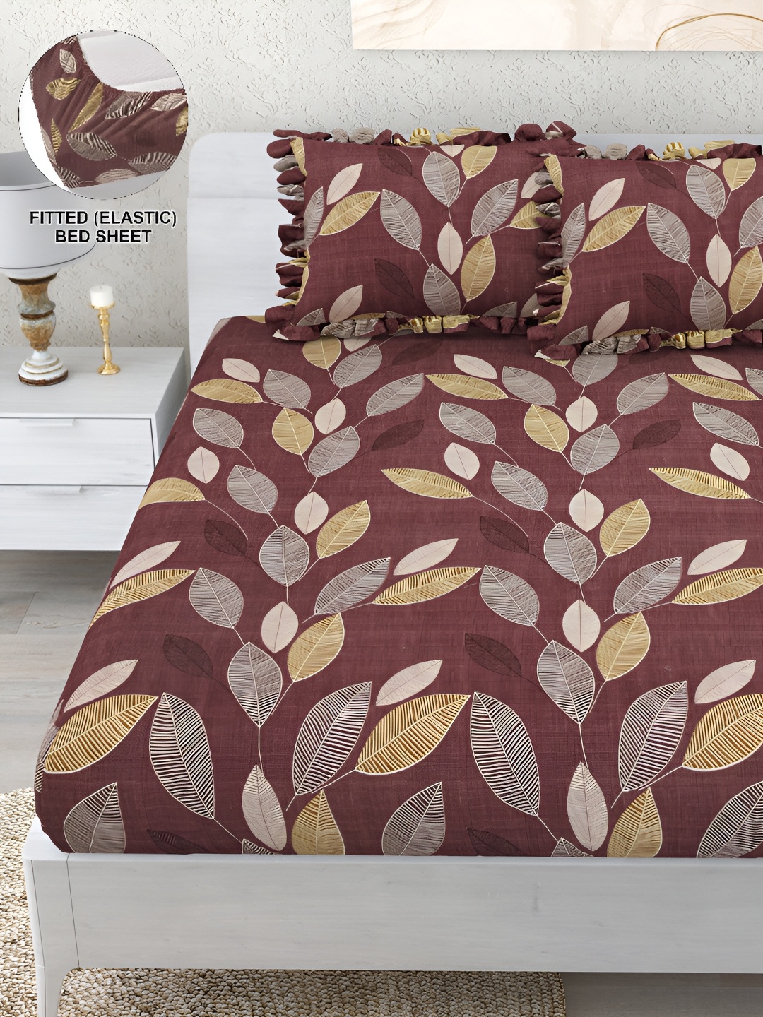 DREAM WEAVERZ Brown Yellow Floral 260 TC Fitted Bedsheet with 2 Frill Pillow Covers