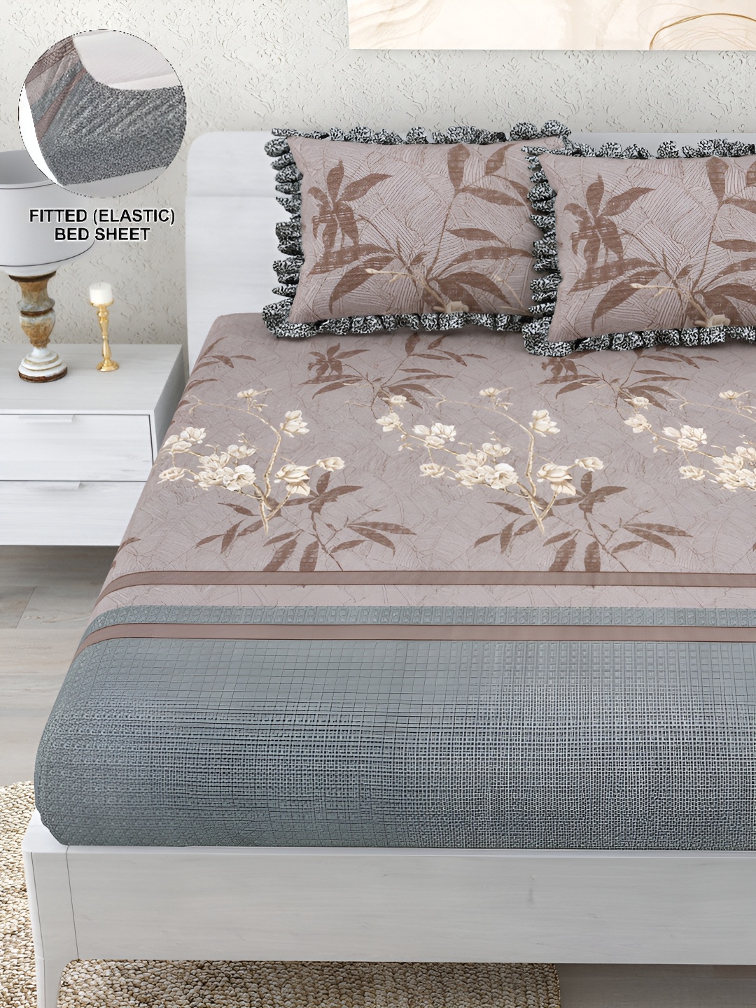 

DREAM WEAVERZ Grey Floral 260 TC Fitted Bedsheet with 2 Frill Pillow Covers