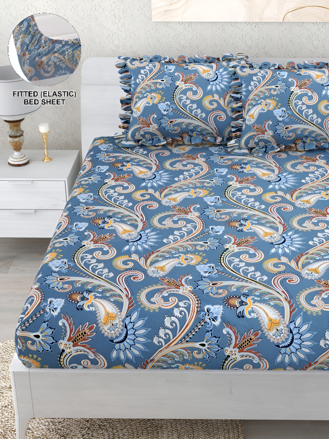 

DREAM WEAVERZ Blue Floral 260 TC Double King Fitted Bedsheet with 2 Frill Pillow Covers