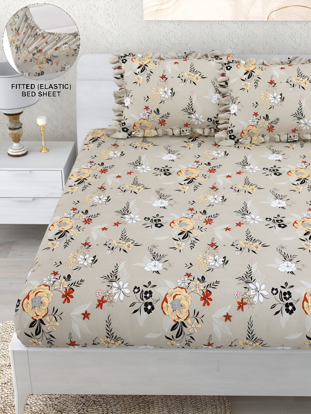 

DREAM WEAVERZ Grey 260 TC Double King Fitted Bedsheet with 2 Frill Pillow Covers