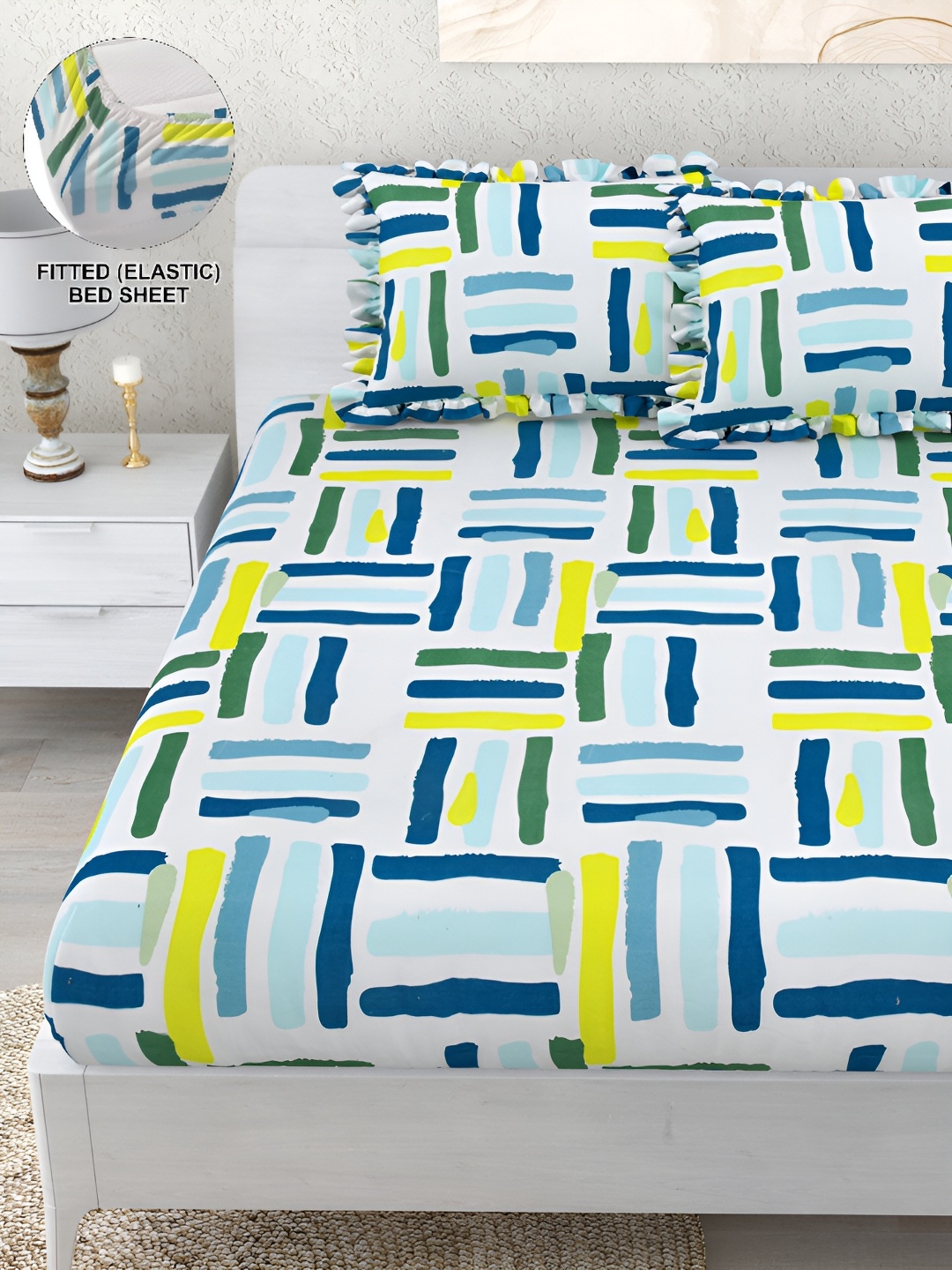 

DREAM WEAVERZ Blue & Yellow Geometric 260 TC Fitted Bedsheet with 2 Frill Pillow Covers