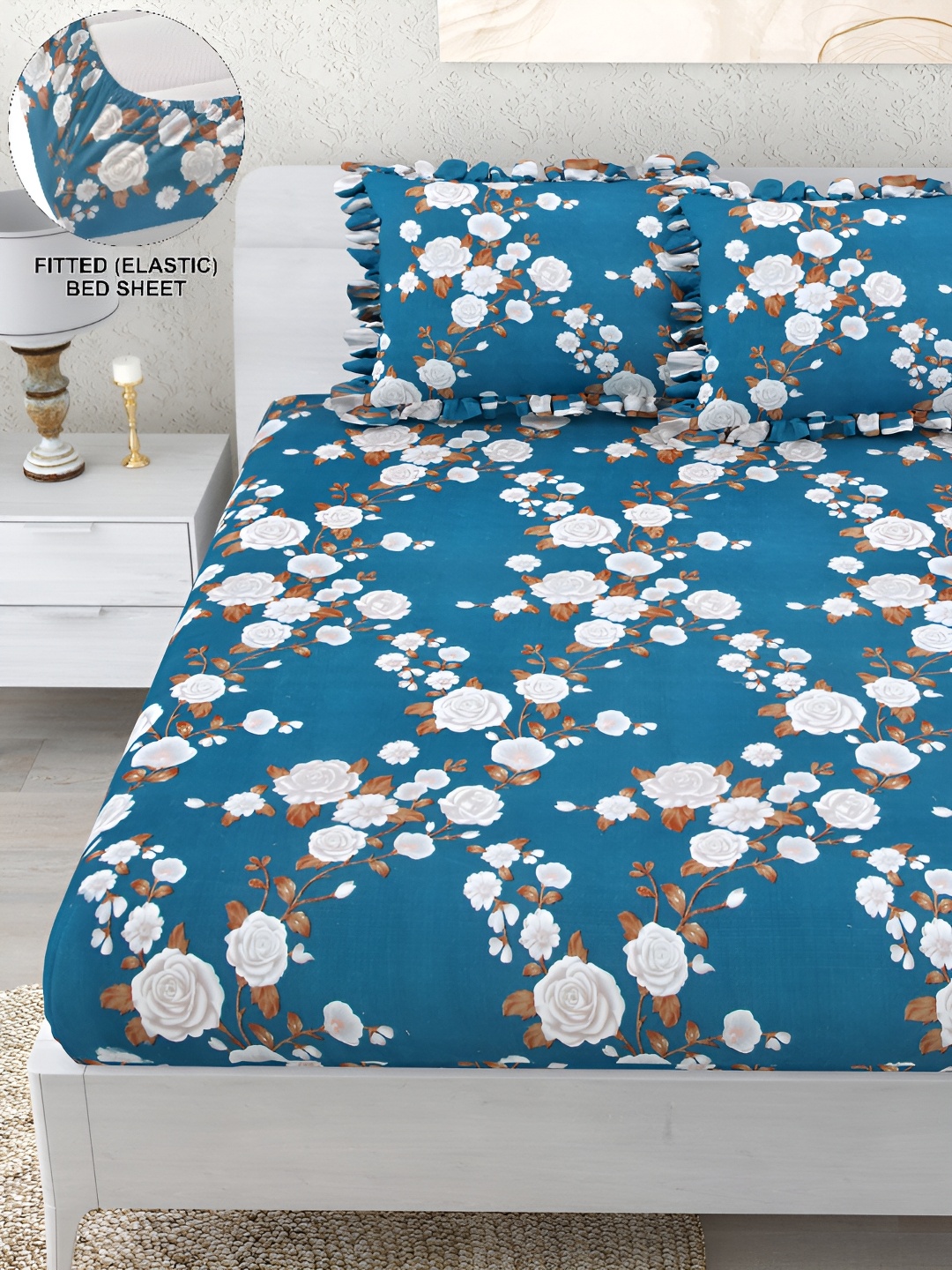 

DREAM WEAVERZ Blue & White Floral 260 TC Fitted Bedsheet with 2 Frill Pillow Covers