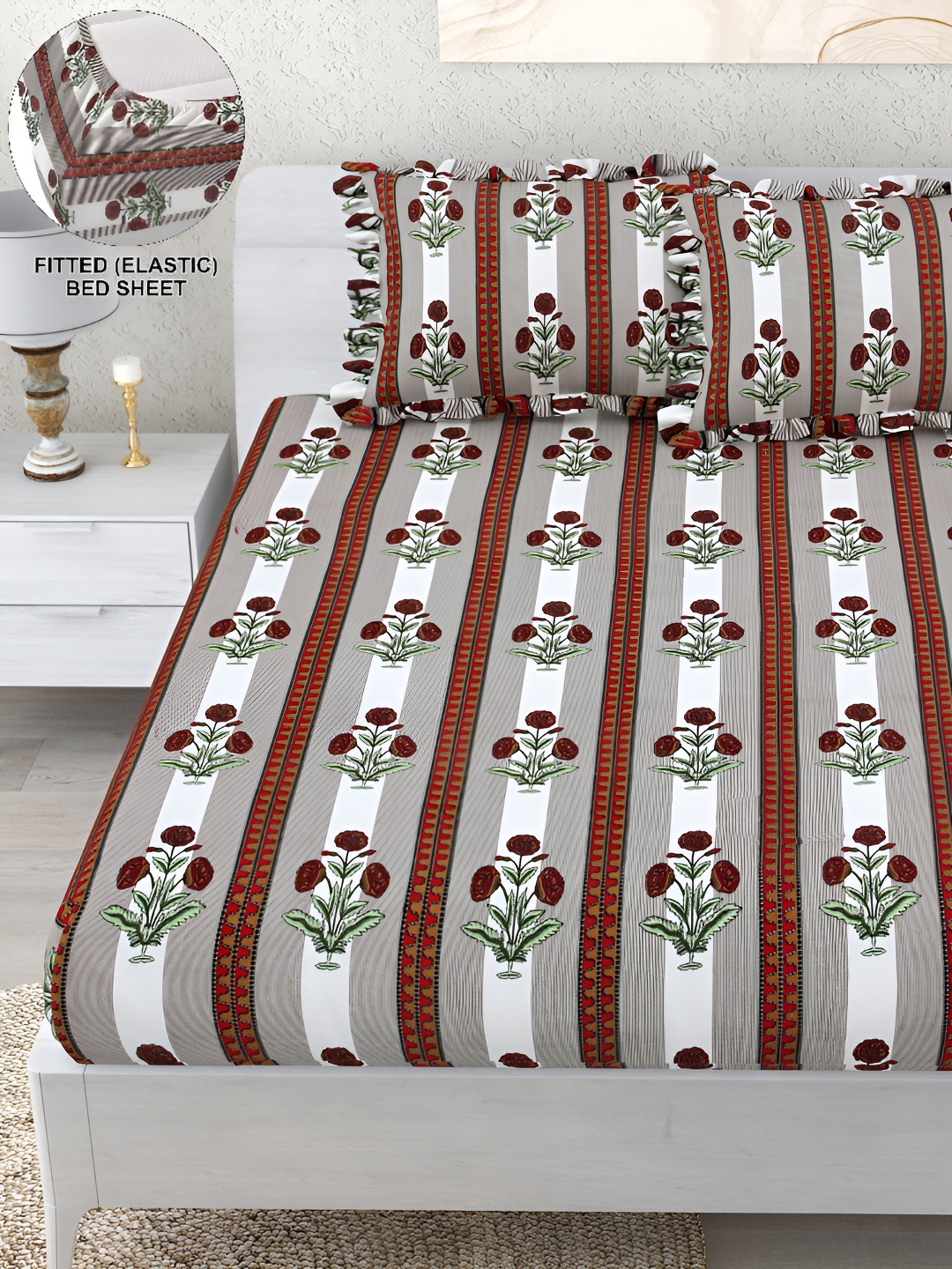 

DREAM WEAVERZ White & Red 260 TC Fitted Double King Bedsheet with 2 Frill Pillow Covers