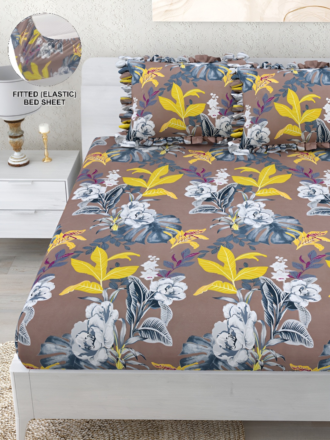 

DREAM WEAVERZ Brown & Yellow Floral 260 TC Fitted Bedsheet with 2 Frill Pillow Covers
