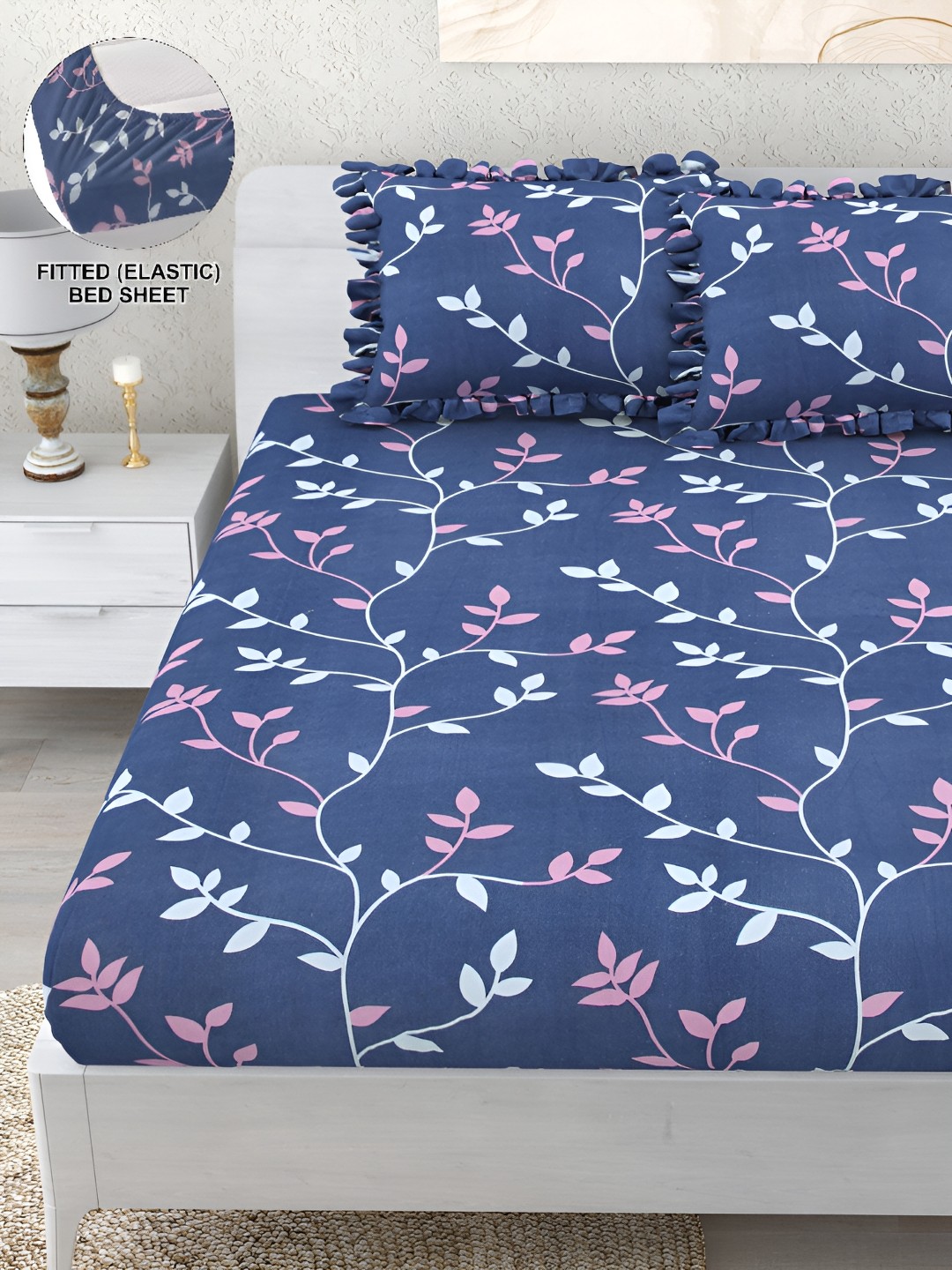 

DREAM WEAVERZ Blue & Pink Floral 260 TC Double Fitted Bedsheet with 2 Frill Pillow Covers