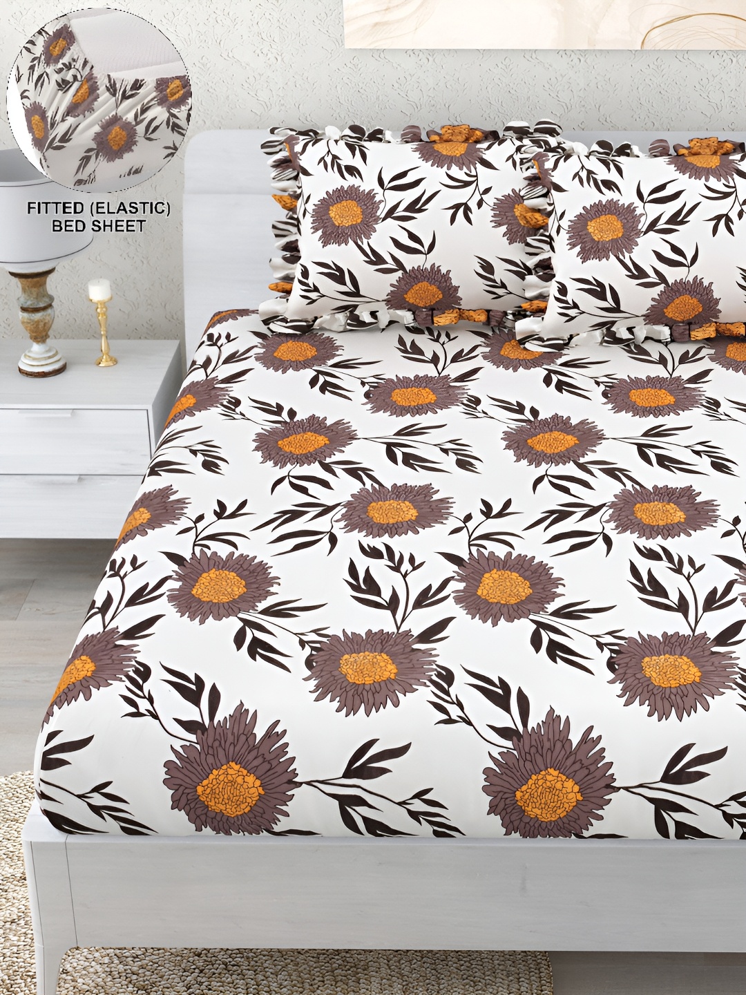 

DREAM WEAVERZ White & Orange Floral 260 TC Fitted Bedsheet with 2 Frill Pillow Covers