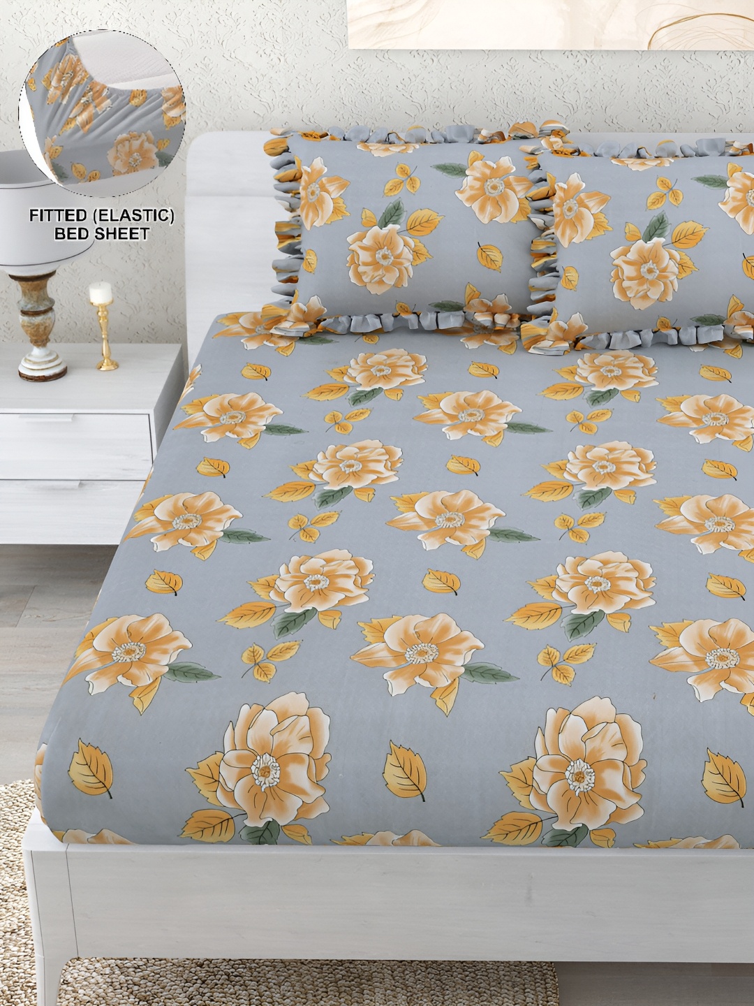 

DREAM WEAVERZ Grey Orange Floral 260 TC Fitted Bedsheet with 2 Frill Pillow Covers