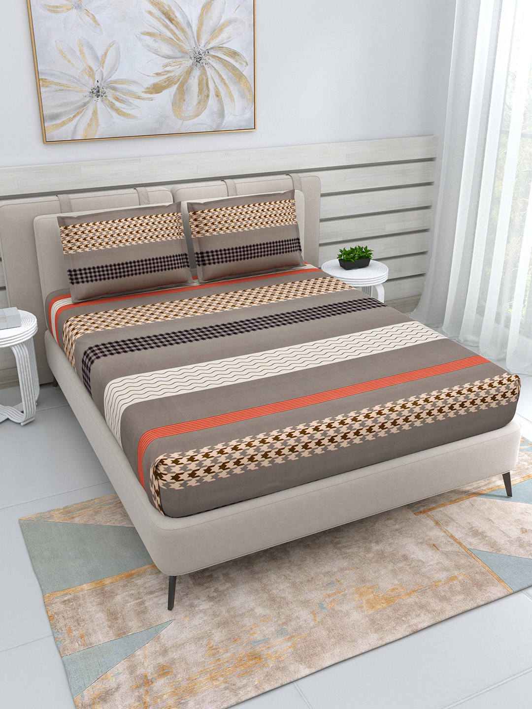 

DREAM WEAVERZ Brown & White Geometric 200 GSM Blanket with 2 Pillow Covers