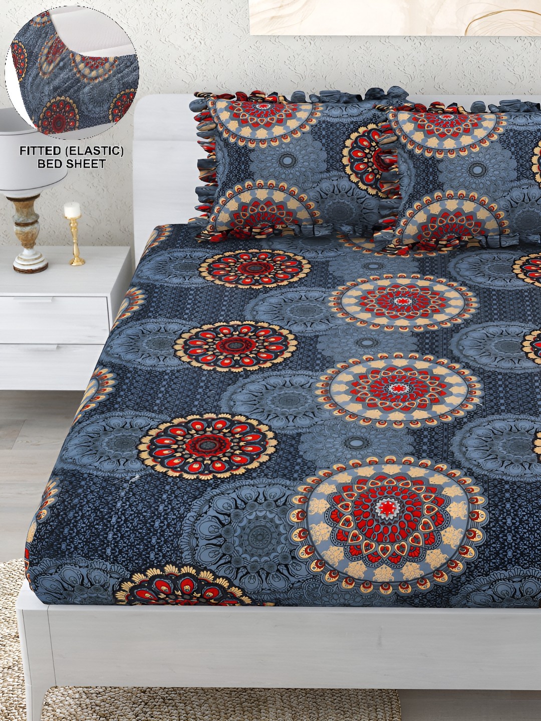 

DREAM WEAVERZ Blue Red Geometric 260 TC Fitted Bedsheet with 2 Frill Pillow Covers