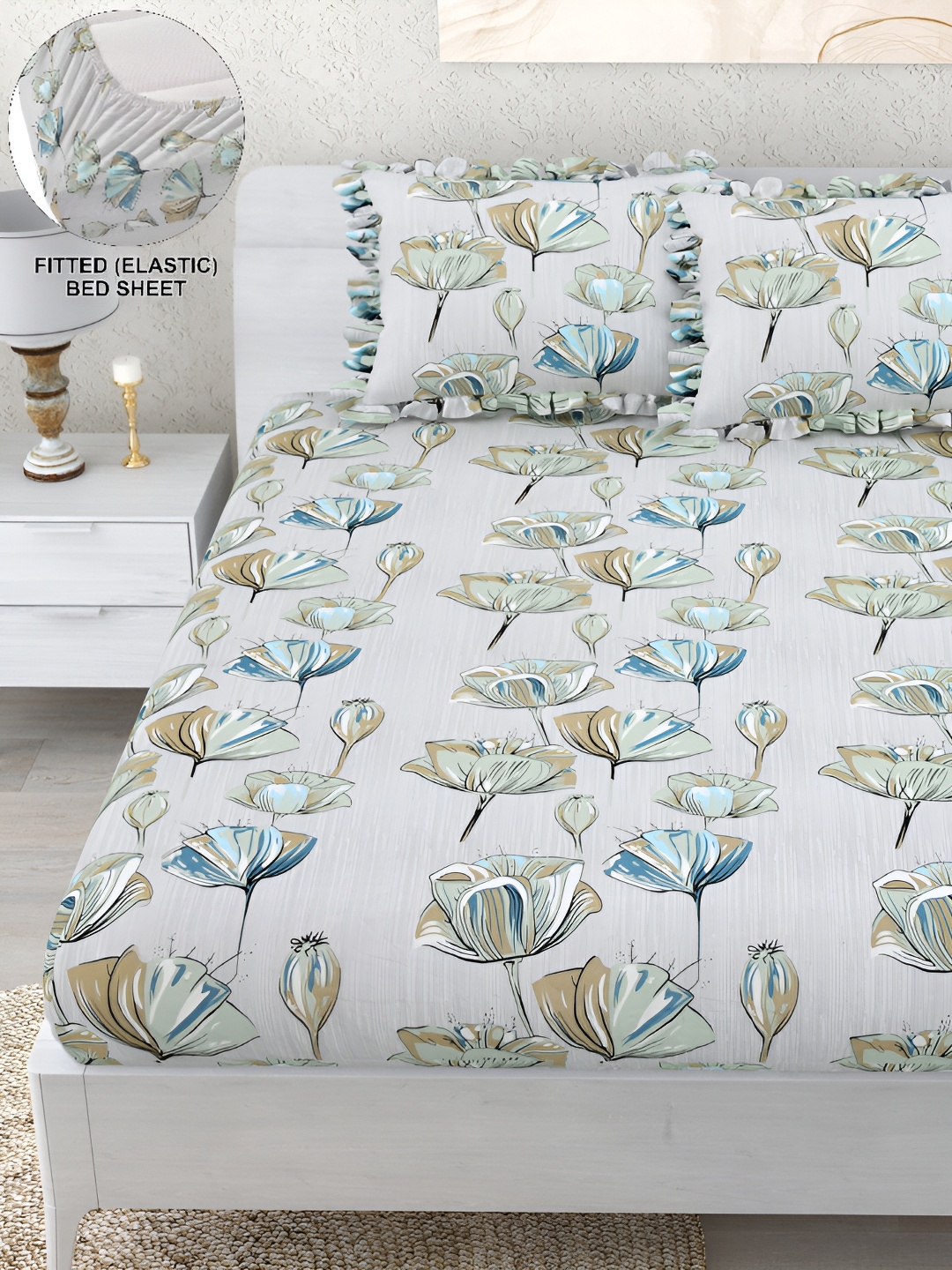 DREAM WEAVERZ Grey Floral 260 TC Double King Fitted Bedsheet with 2 Frill Pillow Covers