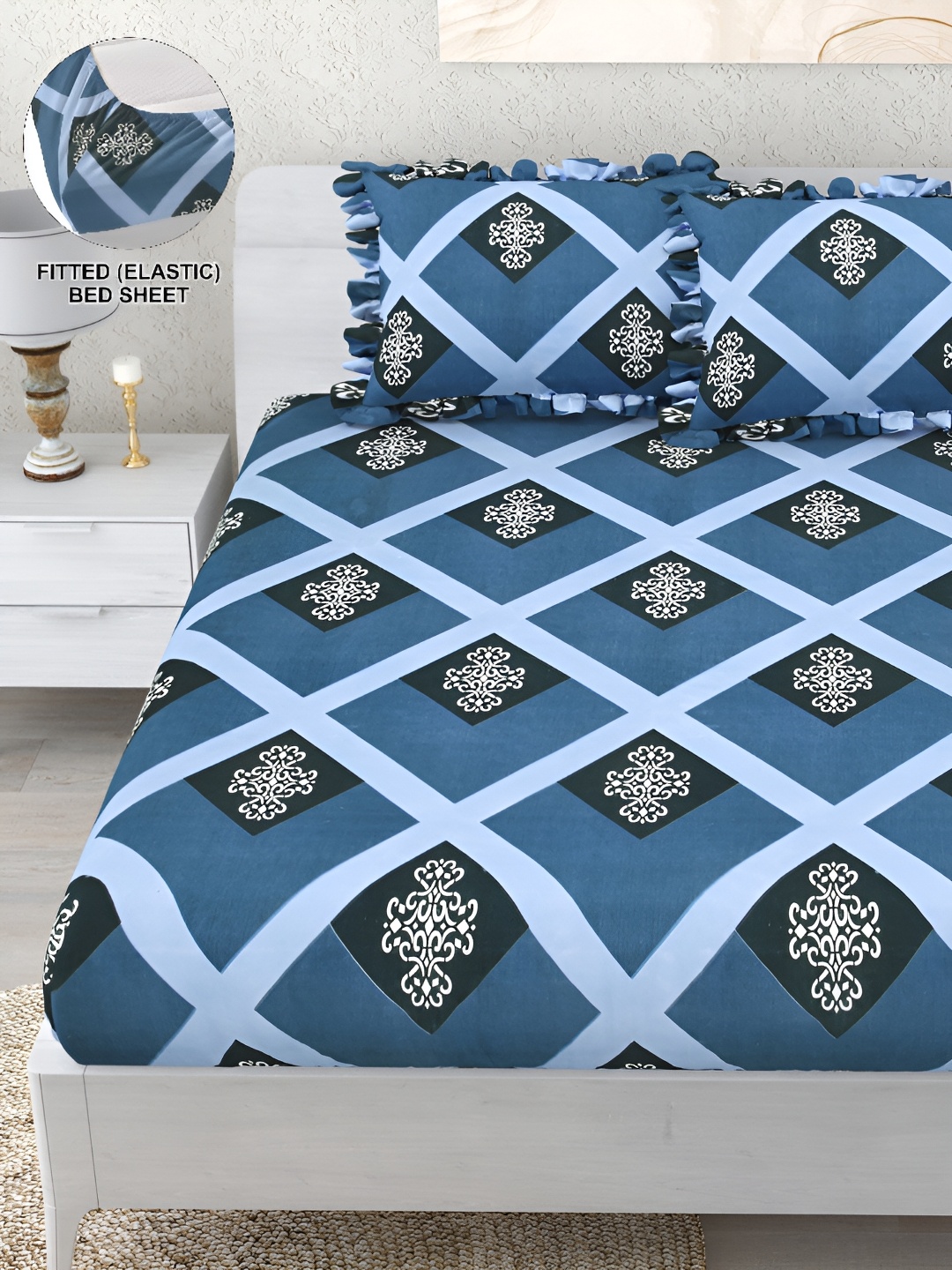 

DREAM WEAVERZ Blue 260TC Double King Fitted Bedsheet with 2 Frill Pillow Covers