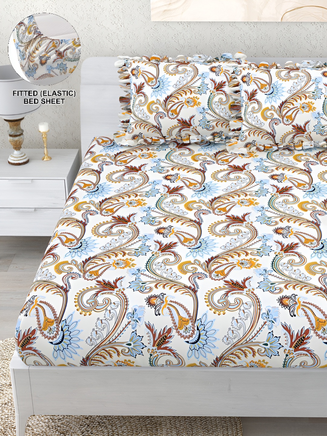 

DREAM WEAVERZ White Floral 260 TC Double King Fitted Bedsheet with 2 Frill Pillow Covers