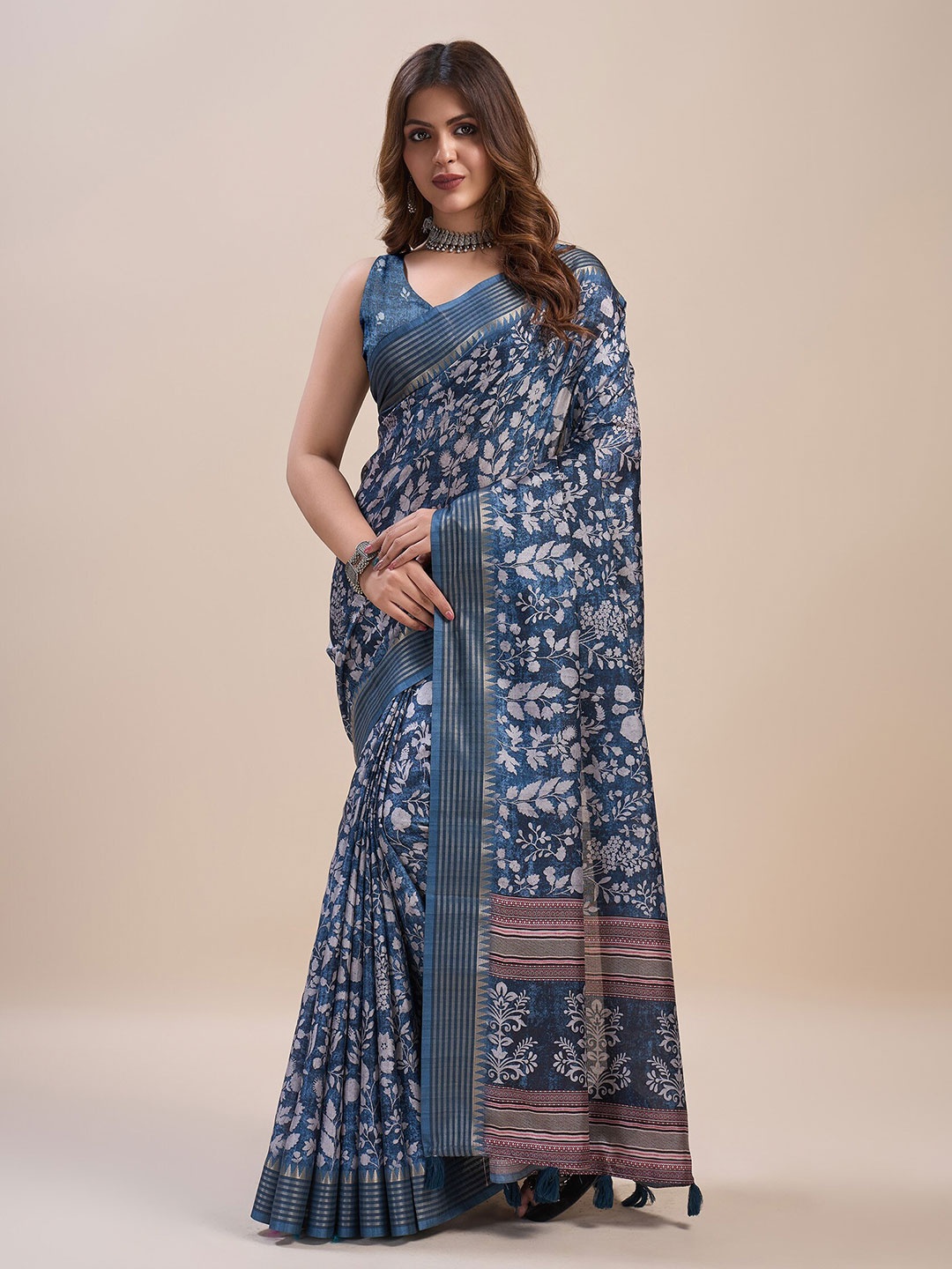 

Mitera Ethnic Motifs Printed Zari Pure Silk Saree, Blue