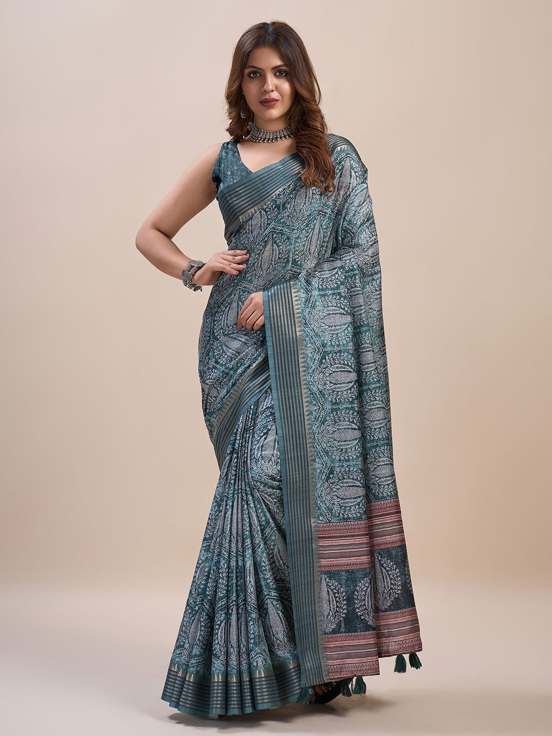 

Mitera Ethnic Motifs Printed Zari Pure Silk Saree, Teal