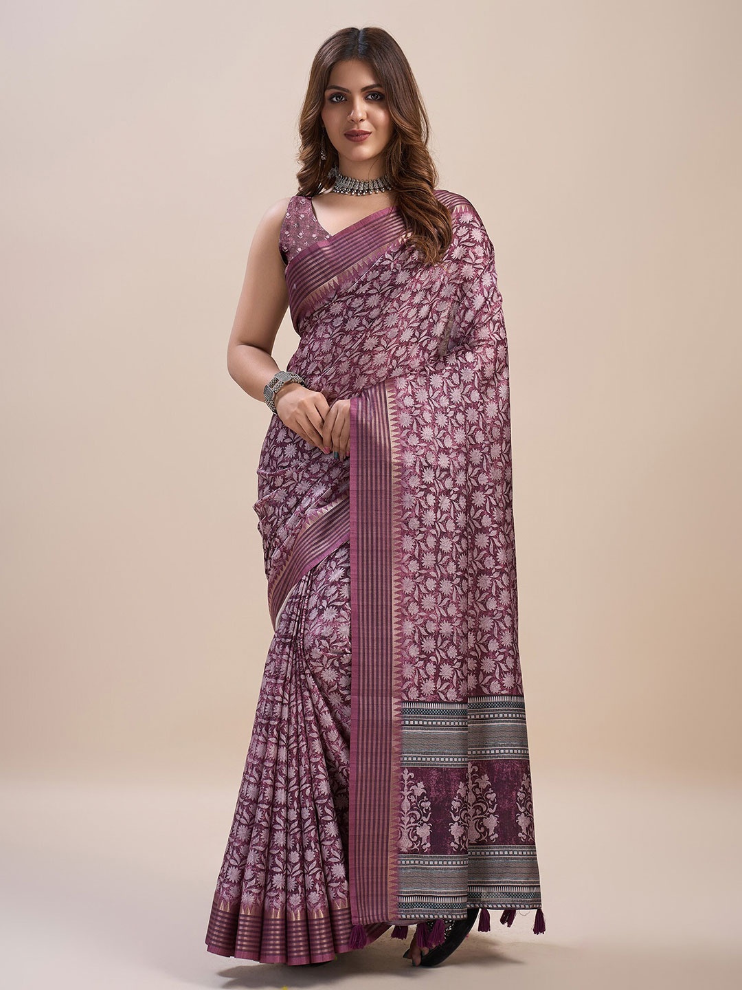 

Mitera Ethnic Motifs Printed Zari Pure Silk Saree, Purple