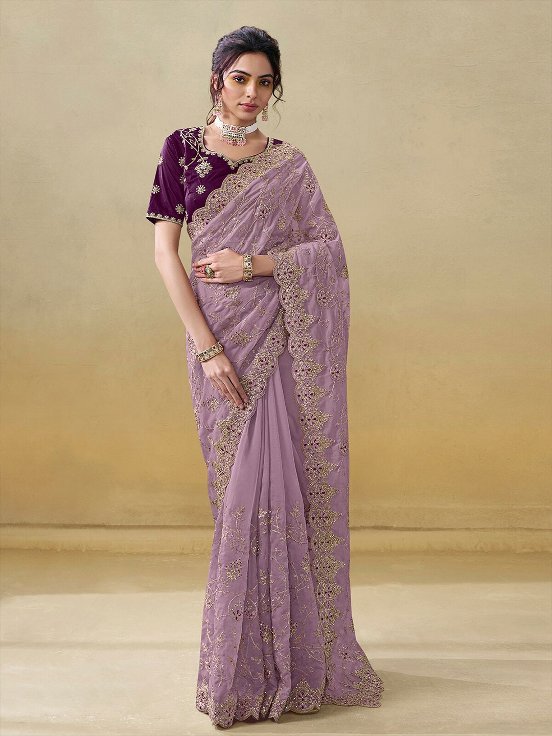 

ODETTE Ethnic Motifs Beads and Stones Organza Saree, Purple