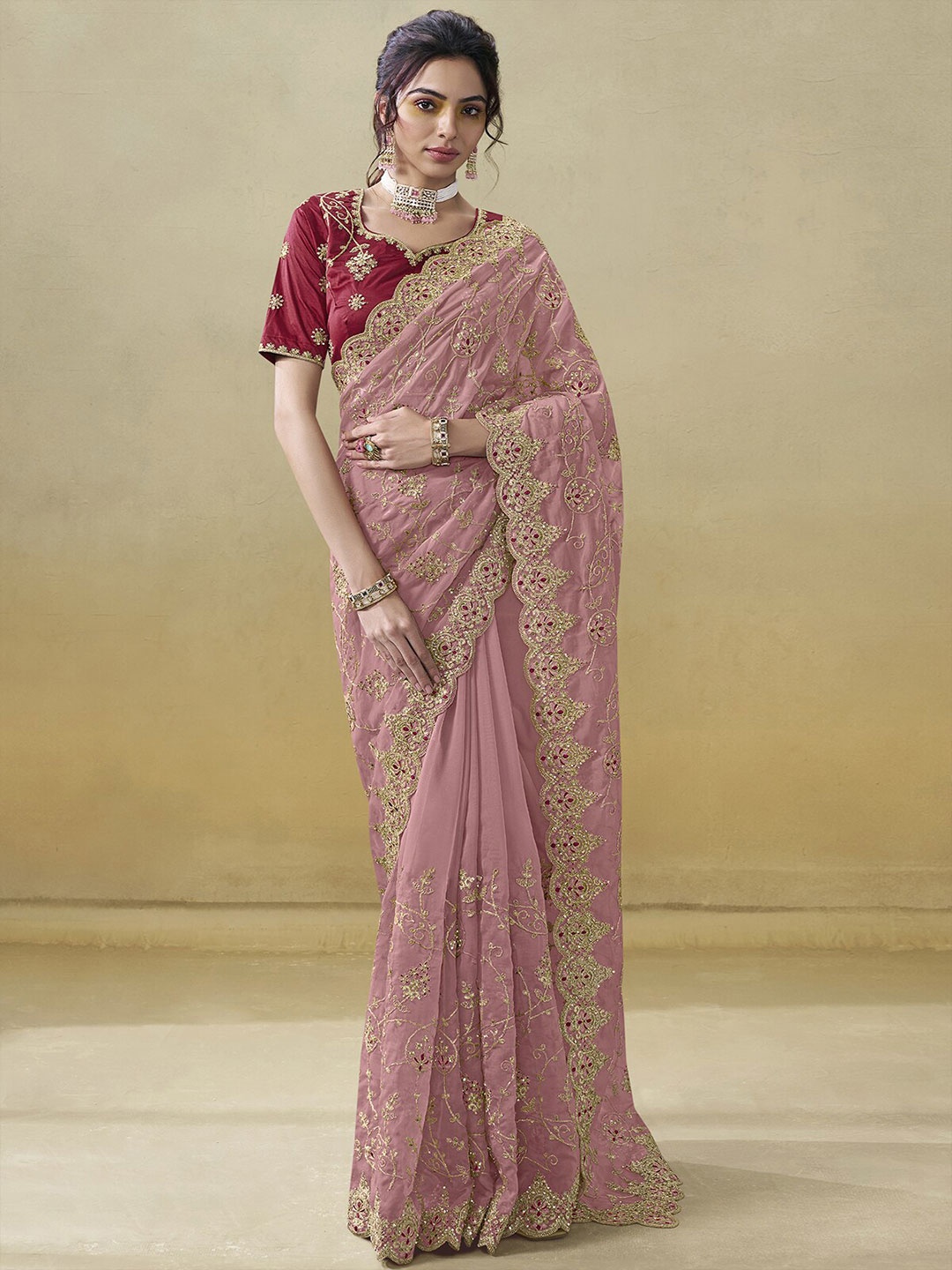 

ODETTE Ethnic Motifs Beads and Stones Organza Saree, Pink