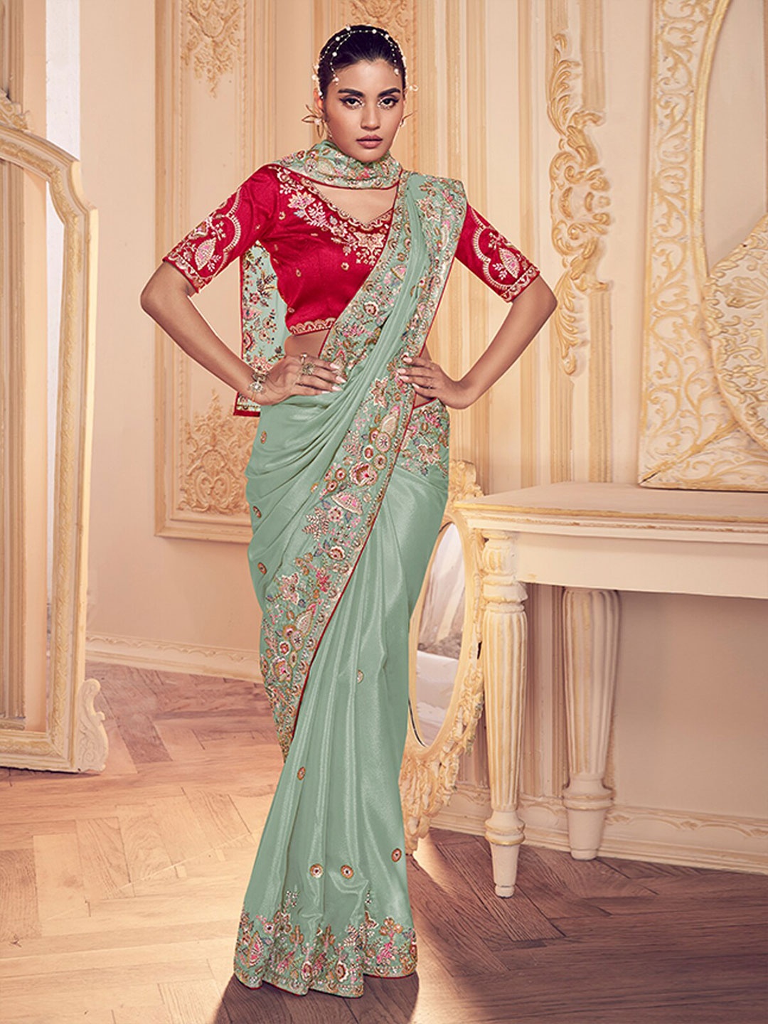 

ODETTE Ethnic Motifs Embroidered Georgette Saree, Sea green